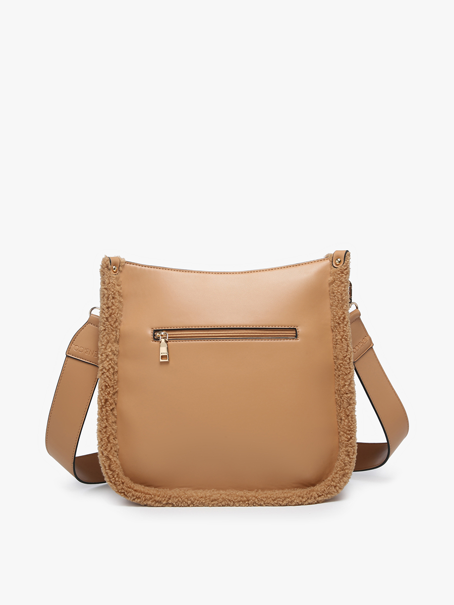 Jen & Co Chloe Teddy Trim Crossbody with Guitar Strap - M1977TED. Taupe. Back View.