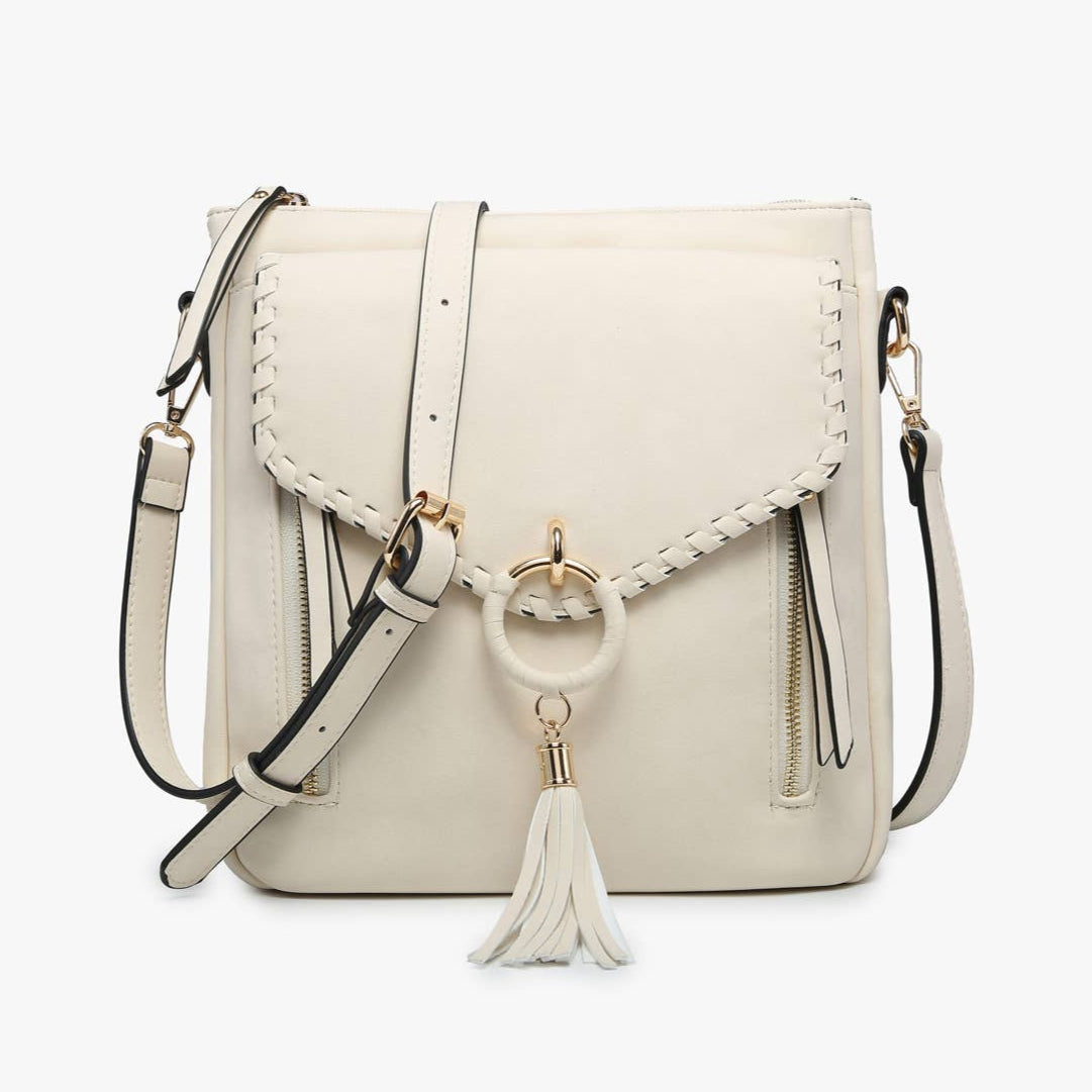 Jen & Co Layla Faux Suede Whipstitch Crossbody w/ Tassel - M2347. Off white. Front view.