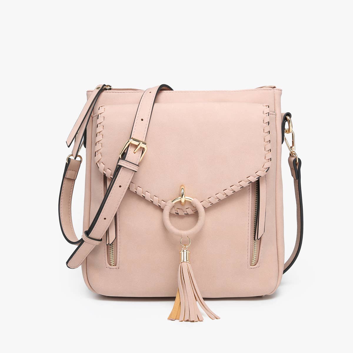Jen & Co Layla Faux Suede Whipstitch Crossbody w/ Tassel - M2347. Pink. Front view.