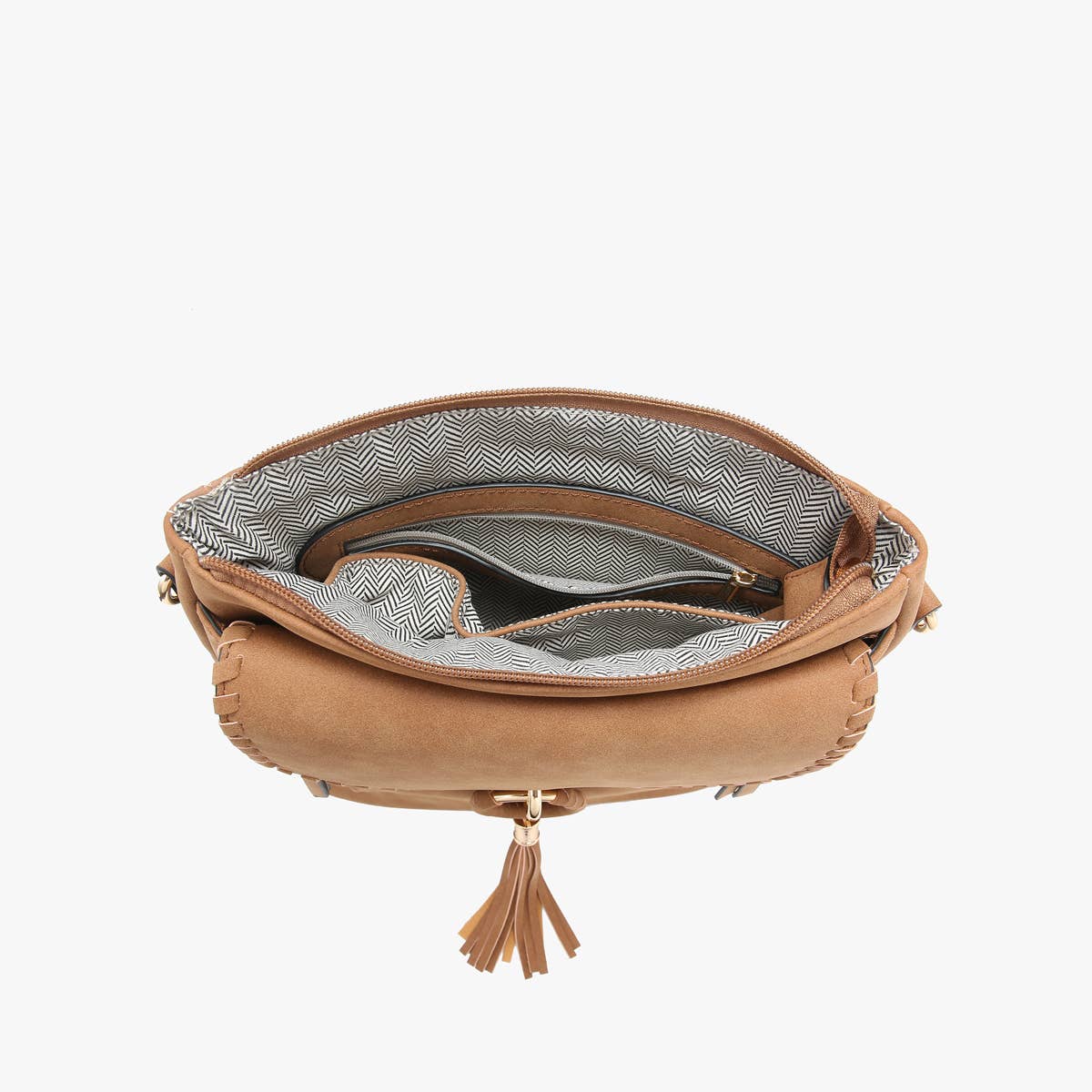 Jen & Co Layla Faux Suede Whipstitch Crossbody w/ Tassel - M2347. Inside view. Pocket view.