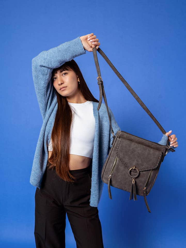 Jen & Co Layla Faux Suede Whipstitch Crossbody w/ Tassel - M2347. Lifestyle view.