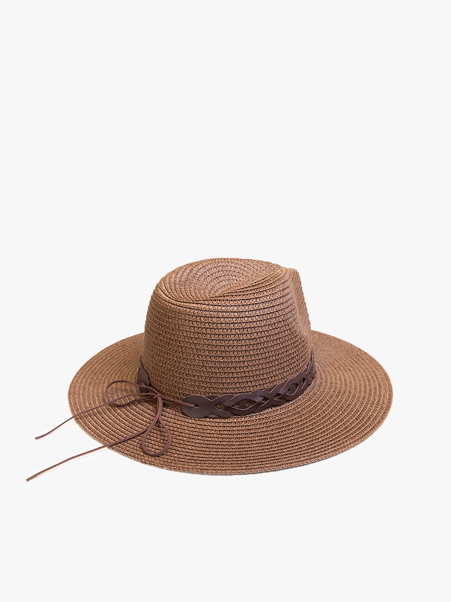 Jen & Co Mary Straw Fedora w/ Leather Chain Band - HAT2497. Brown. Back view.