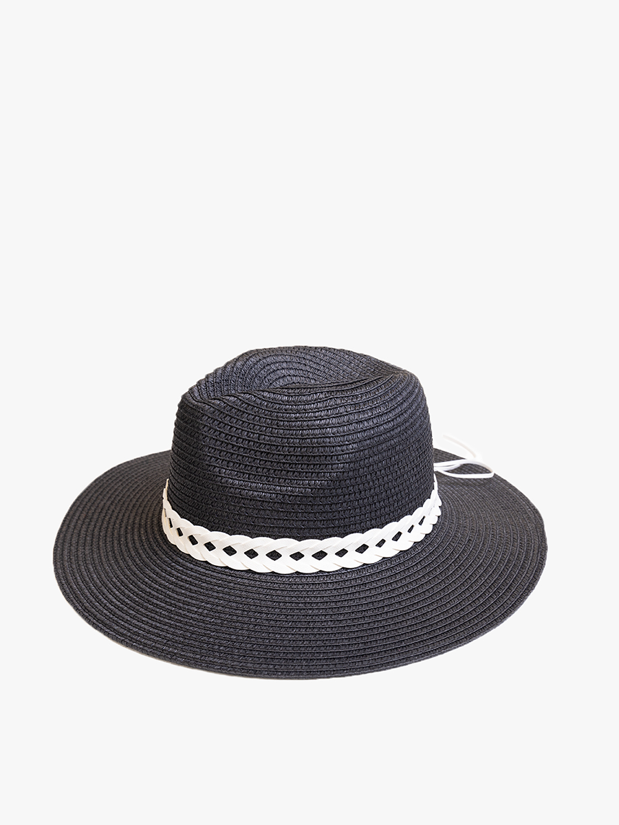 Jen & Co Mary Straw Fedora w/ Leather Chain Band - HAT2497. Black.