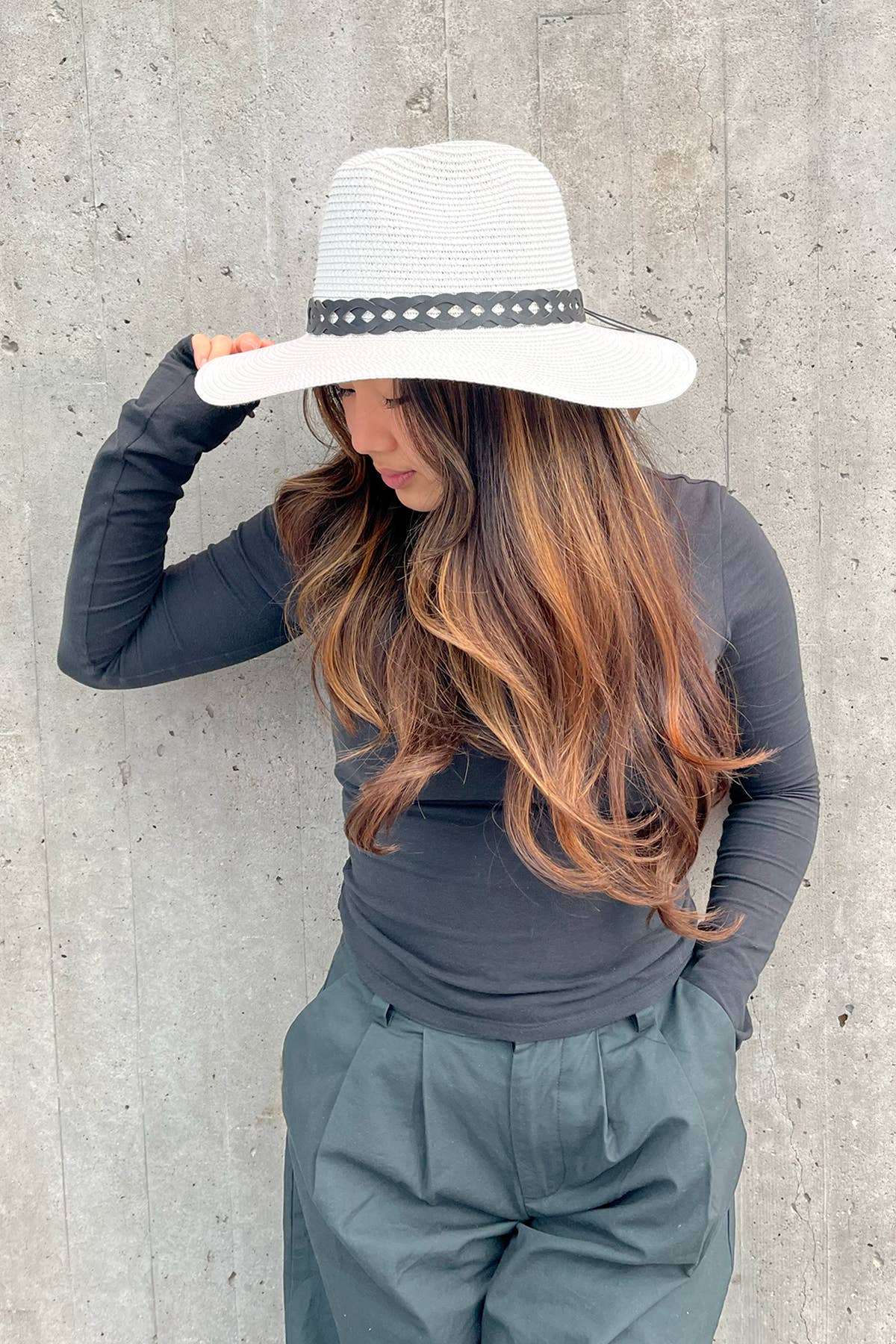 Jen & Co Mary Straw Fedora w/ Leather Chain Band - HAT2497. Lifestyle view.