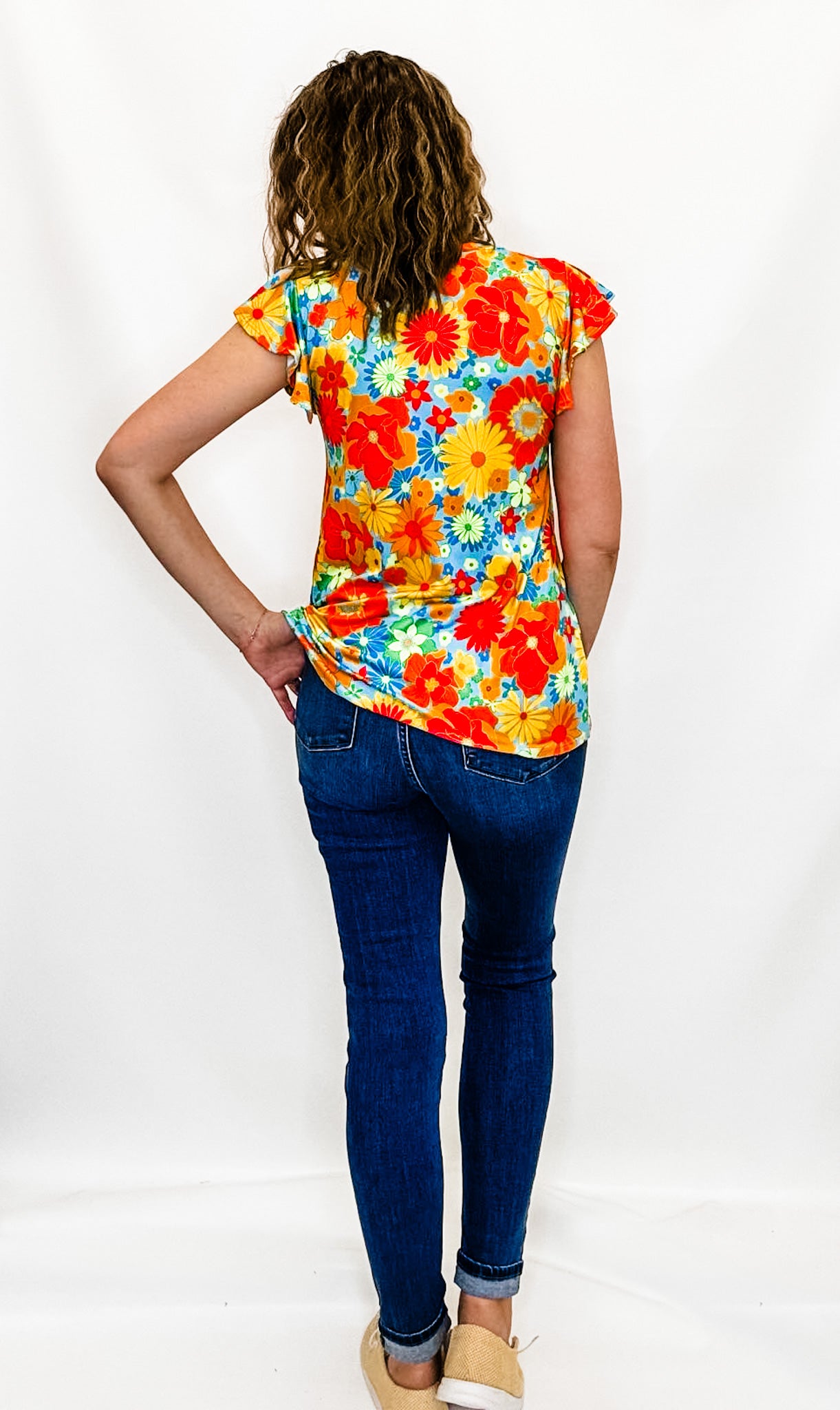 Blue, Red & Yellow Floral Flutter Short Sleeve