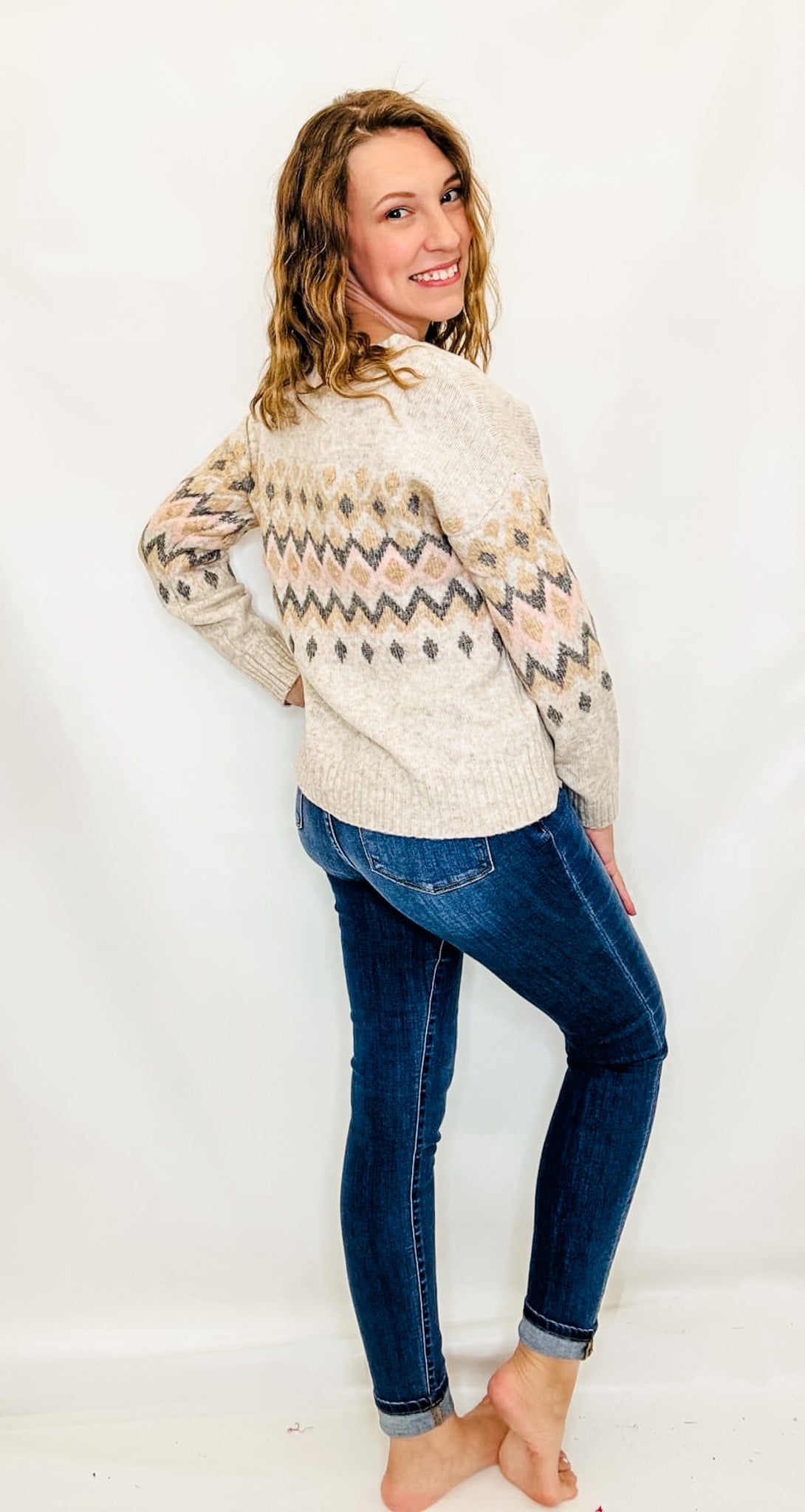 Pink & Taupe Geometric Design Sweater
