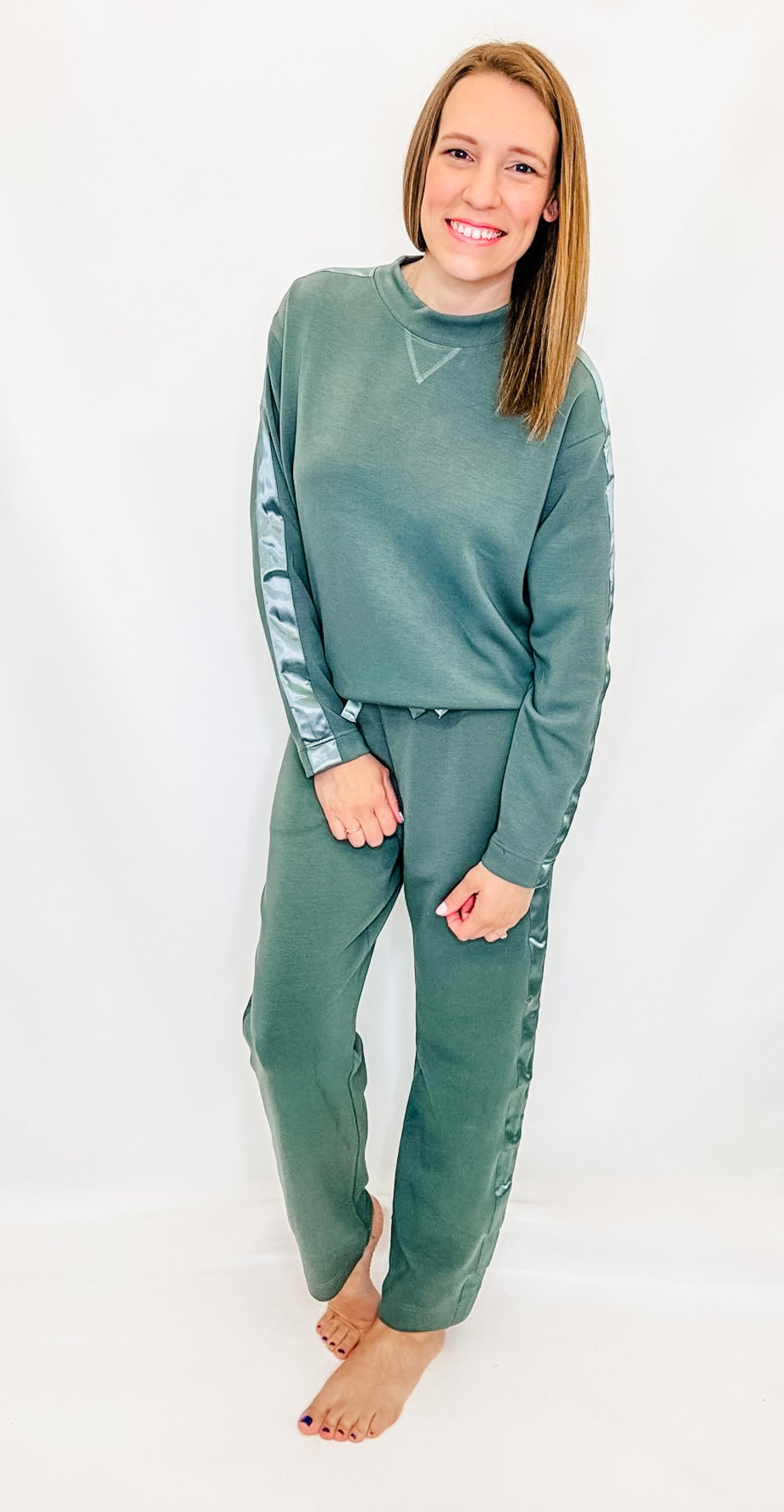 Sage Leaf Scuba Knit Pants with Side Satin Detailing