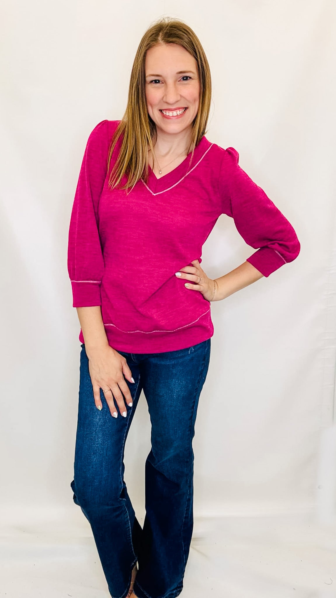 Magenta Knit V-Neck Top