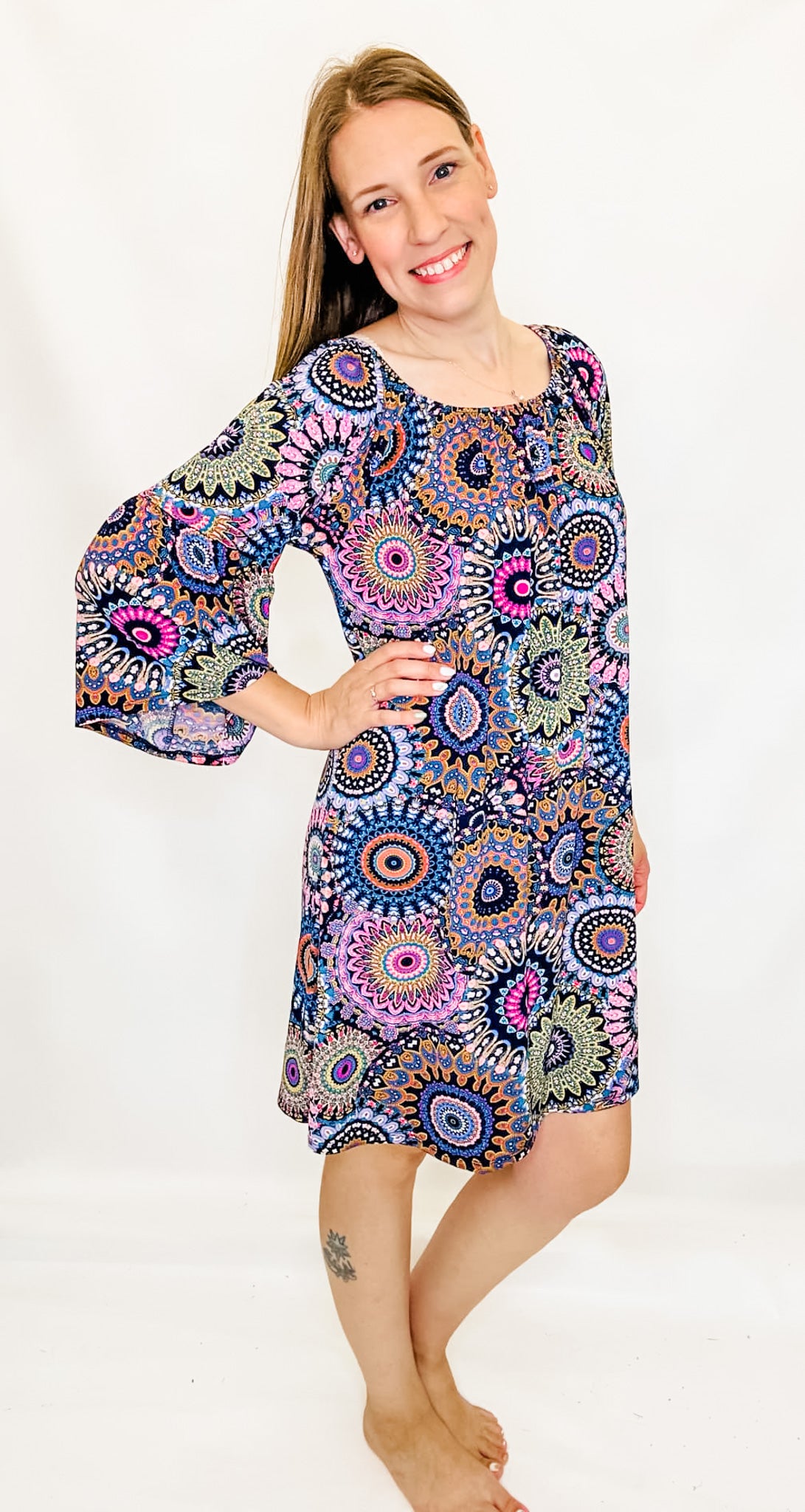 Navy & Multi-Color Medallion Non-Wrinkle Dress