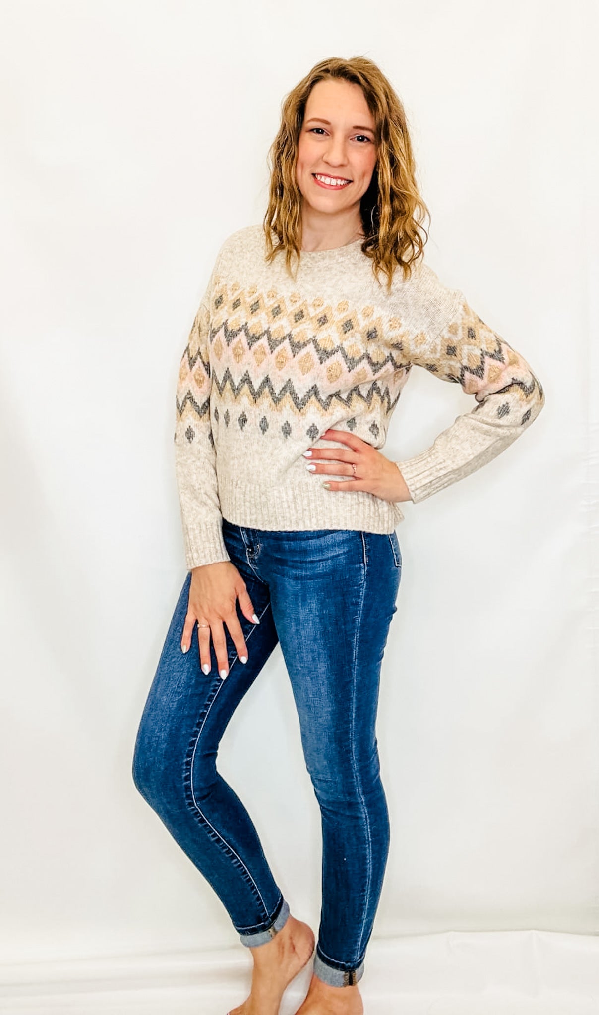 Pink & Taupe Geometric Design Sweater