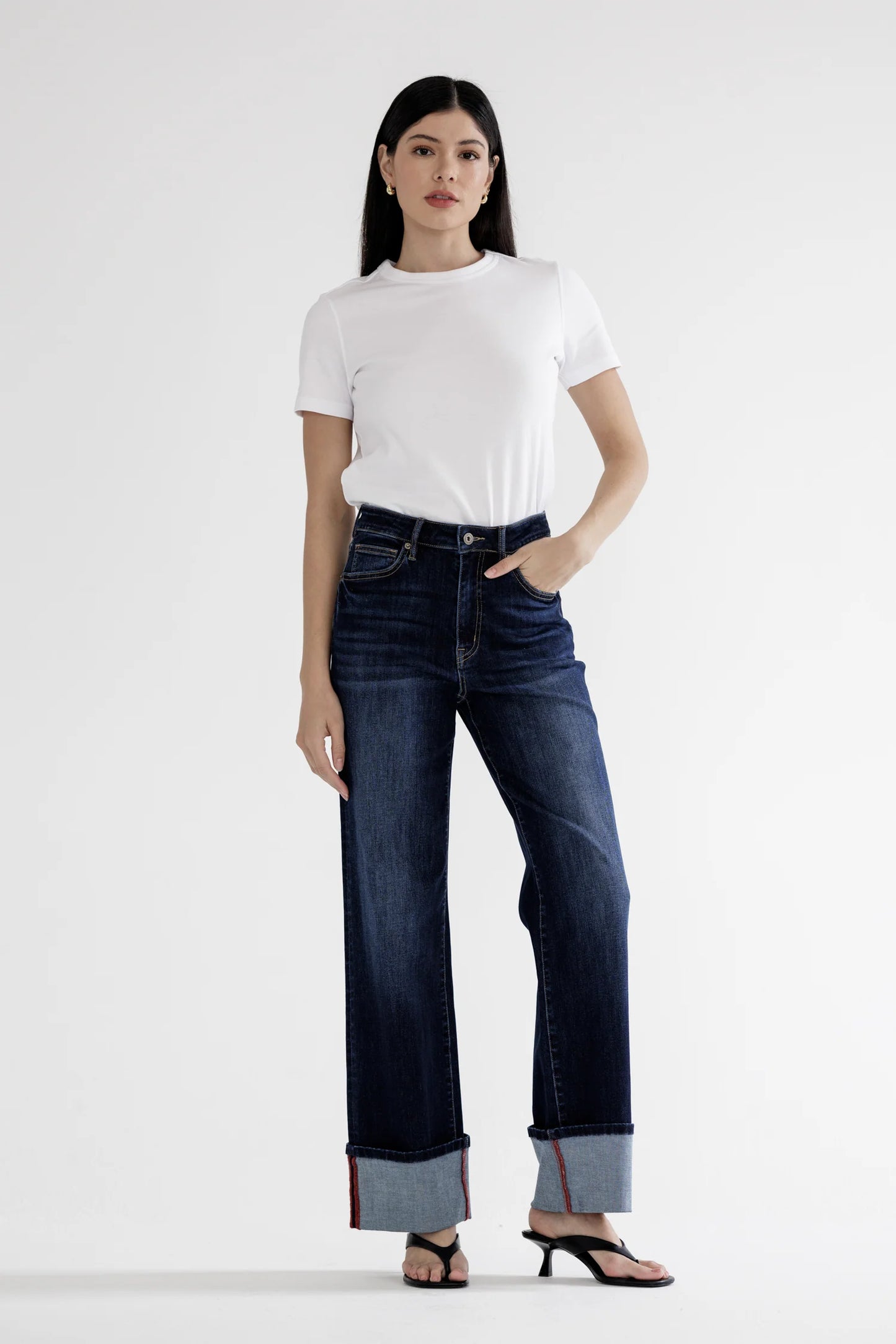 Mica Blue Whale Hi Rise Wide Leg with Cuff Hem Jeans - W3246DK