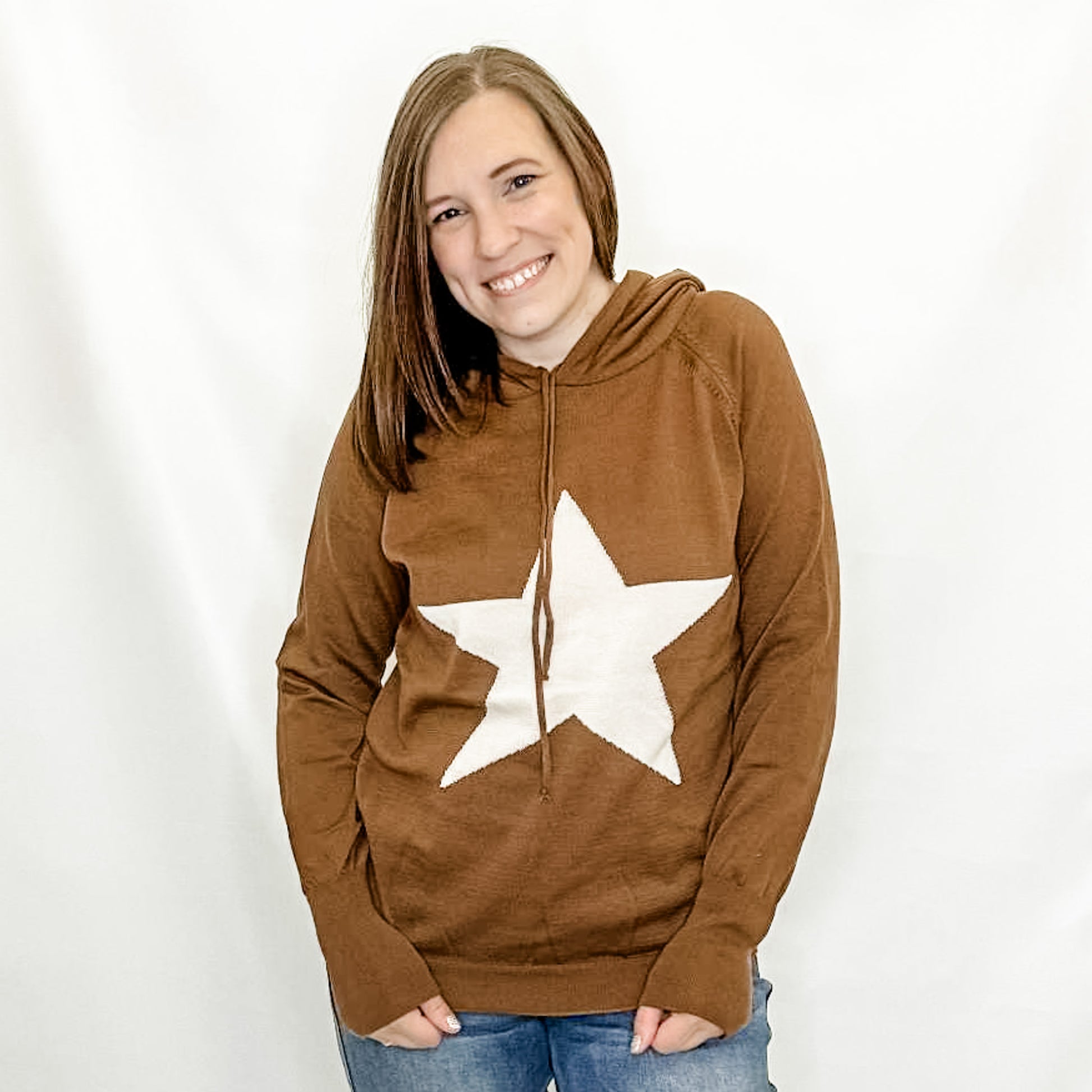 Mocha Brown Star Knit Hoodie Sweater. Heimish brand. S/M or M/L.