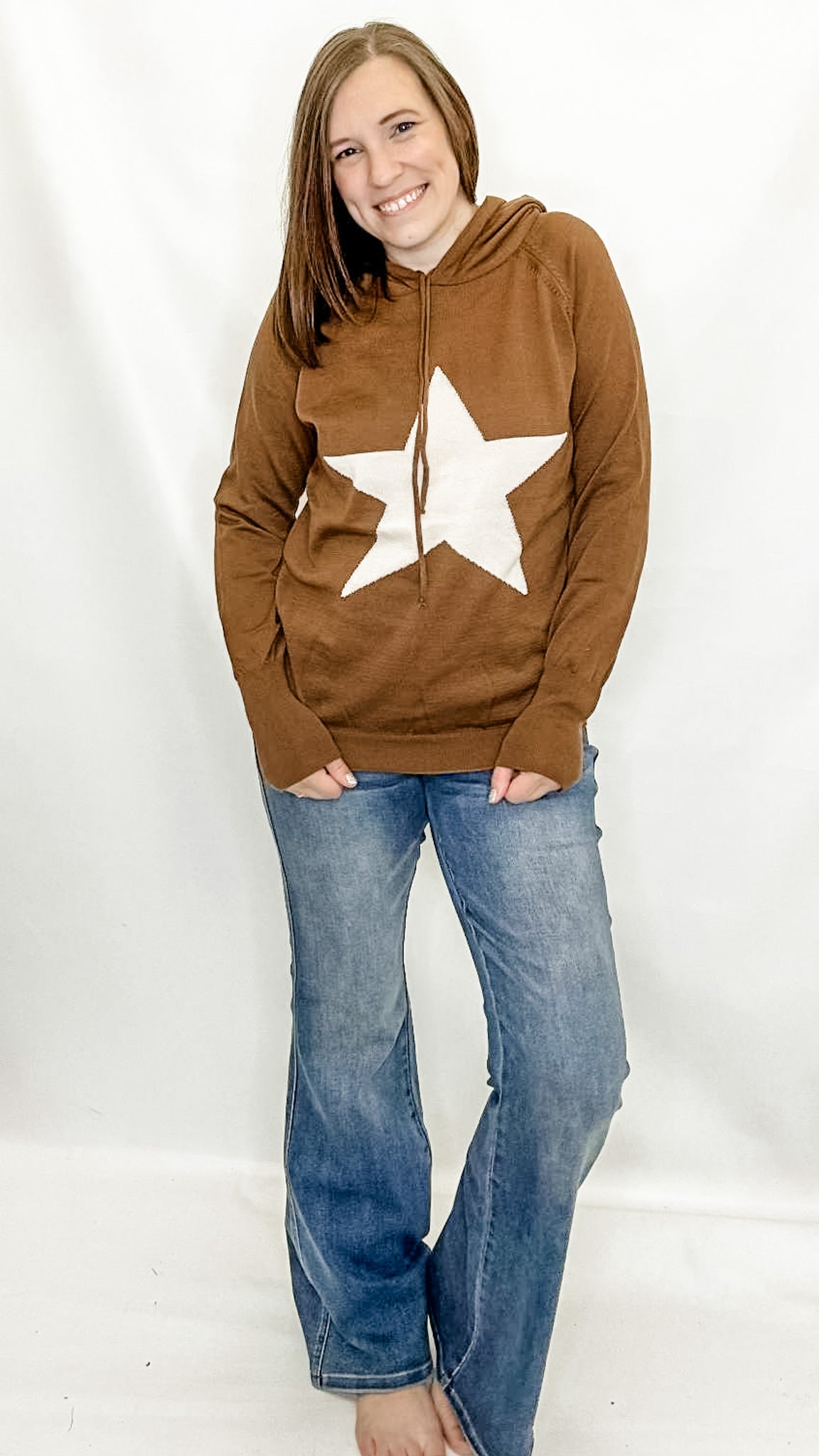 Mocha Brown Star Knit Hoodie Sweater. Heimish brand. S/M or M/L.