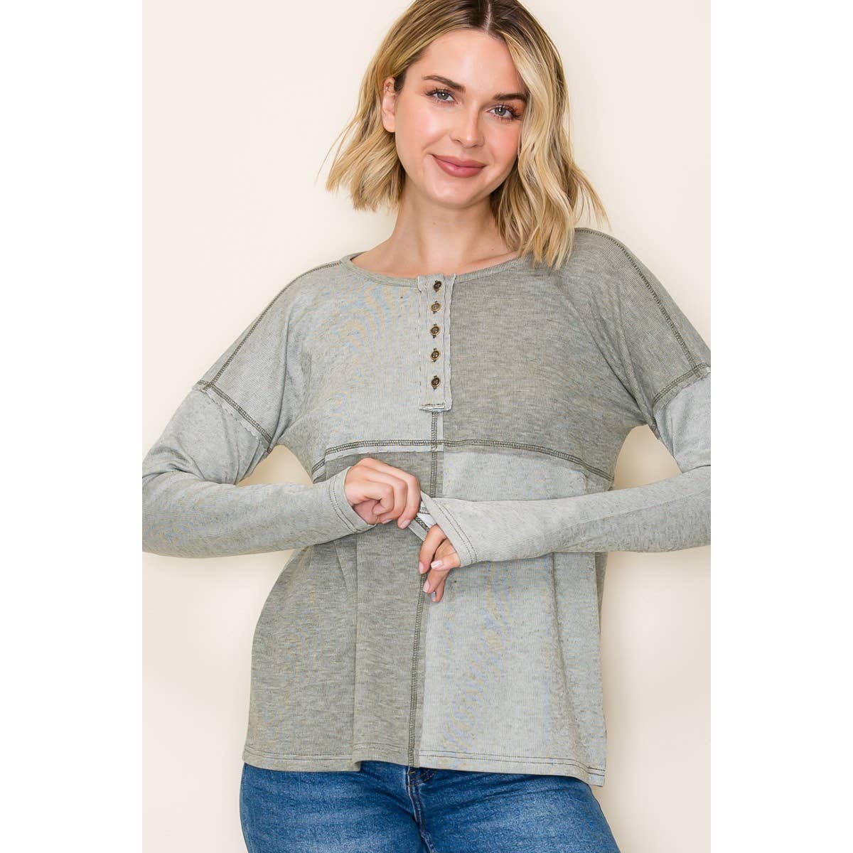 Olive Half Button Color Block Top