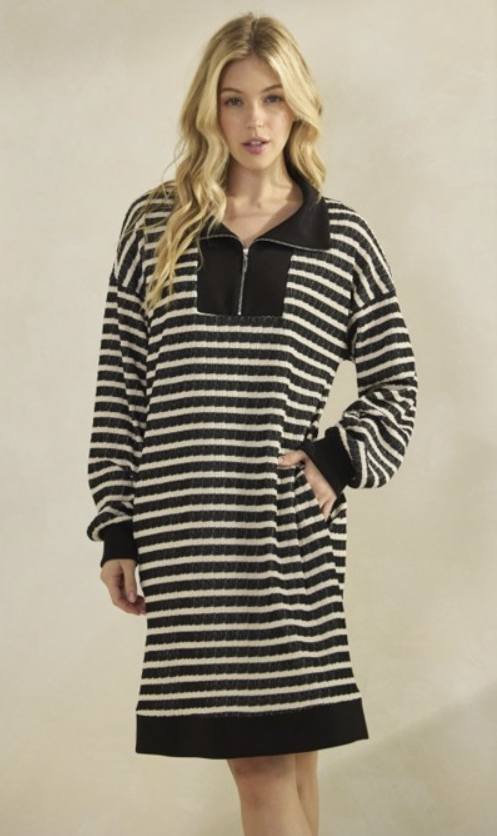 Black & Cream Stripe Long Sleeve Dress