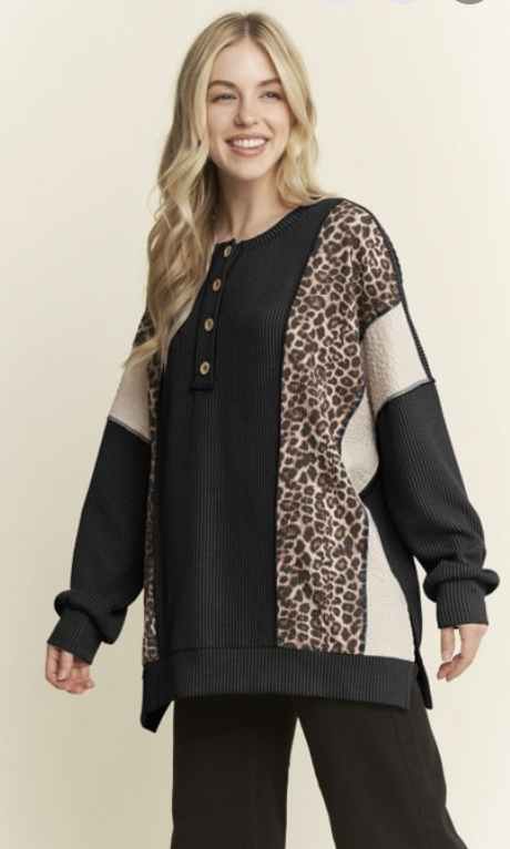 Black & Leopard Long Sleeve Top