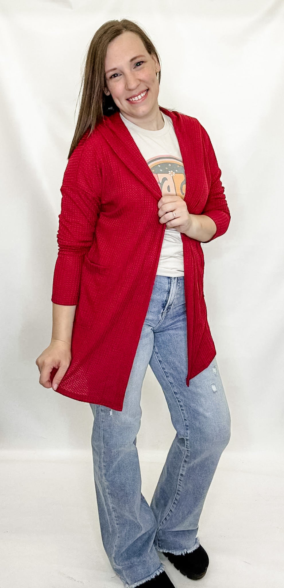 Waffle Knit Open Cardigan from Heimish. Great lightweight, layering cardigan. Rust or burgundy.