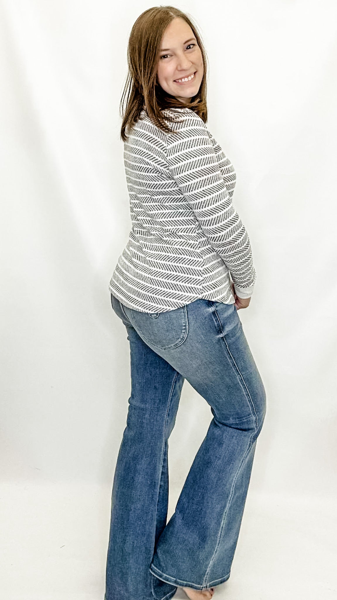 White & Gray Knit Design Long Sleeve Top. Layering top. Staccato.