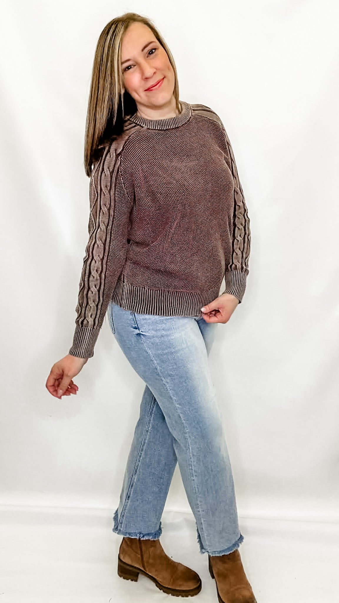Dark Brown Contrast Cable Knit Sweater