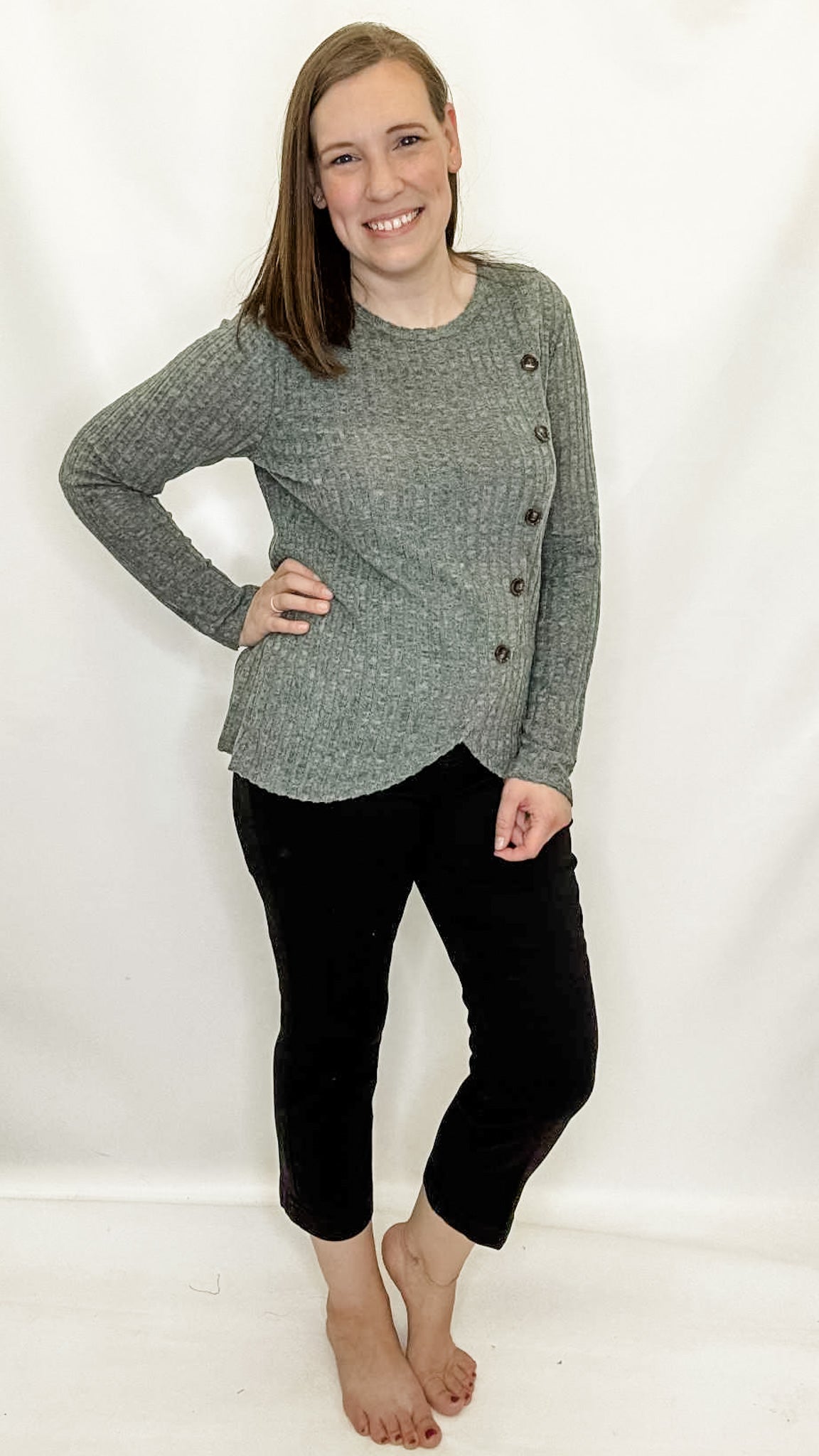 Green Button Tulip Hem Long Sleeve
