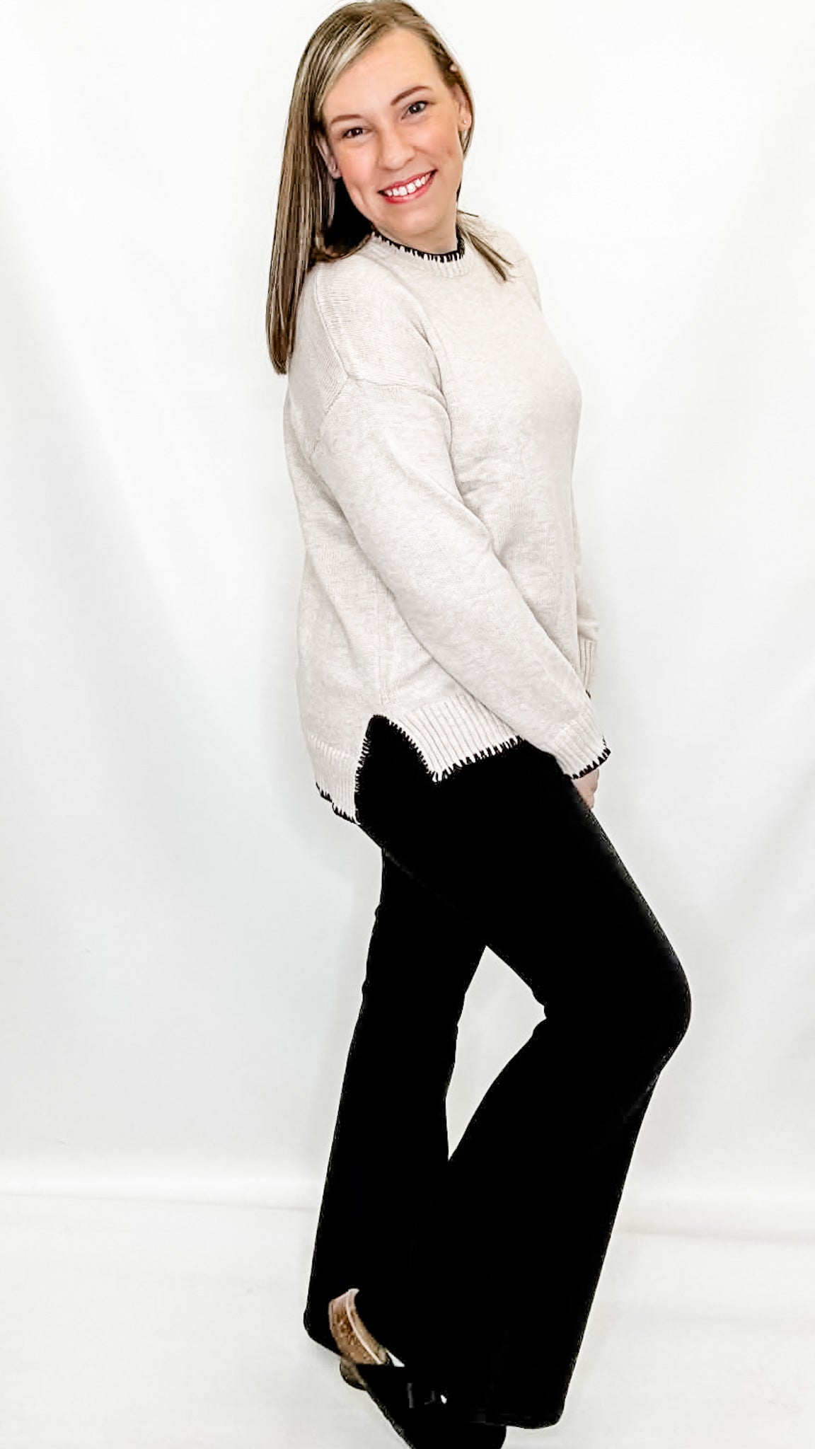 Light Khaki Sweater with Black Trim
