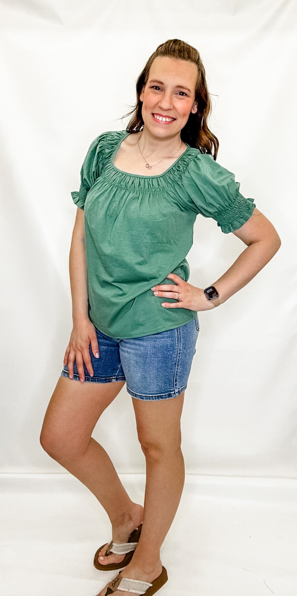 Green Square Neckline Smocked Top