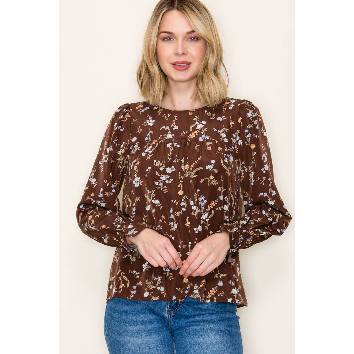 Brown Floral Ruffle Hem Top