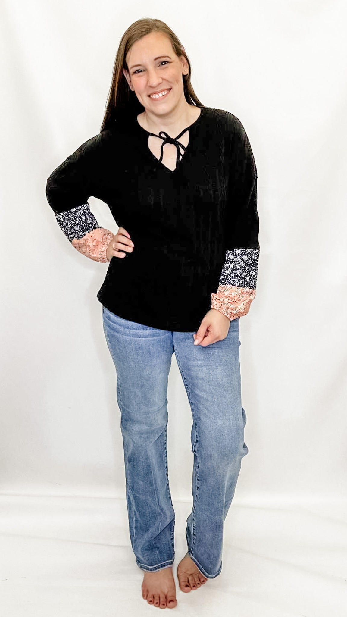 Black & Peach Floral Tie Neck Top