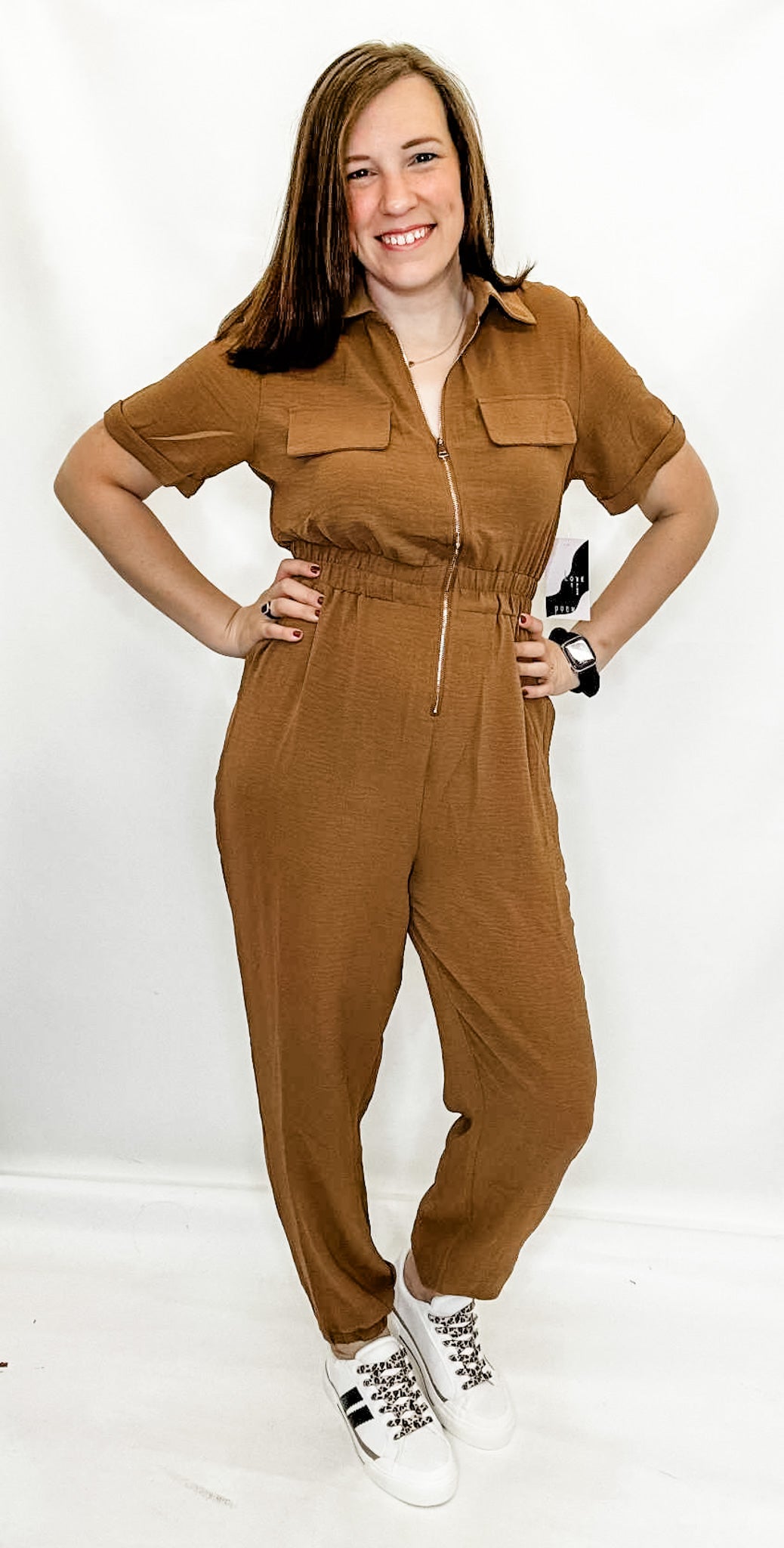 Caramel Brown, Short Sleeve Jumpsuit