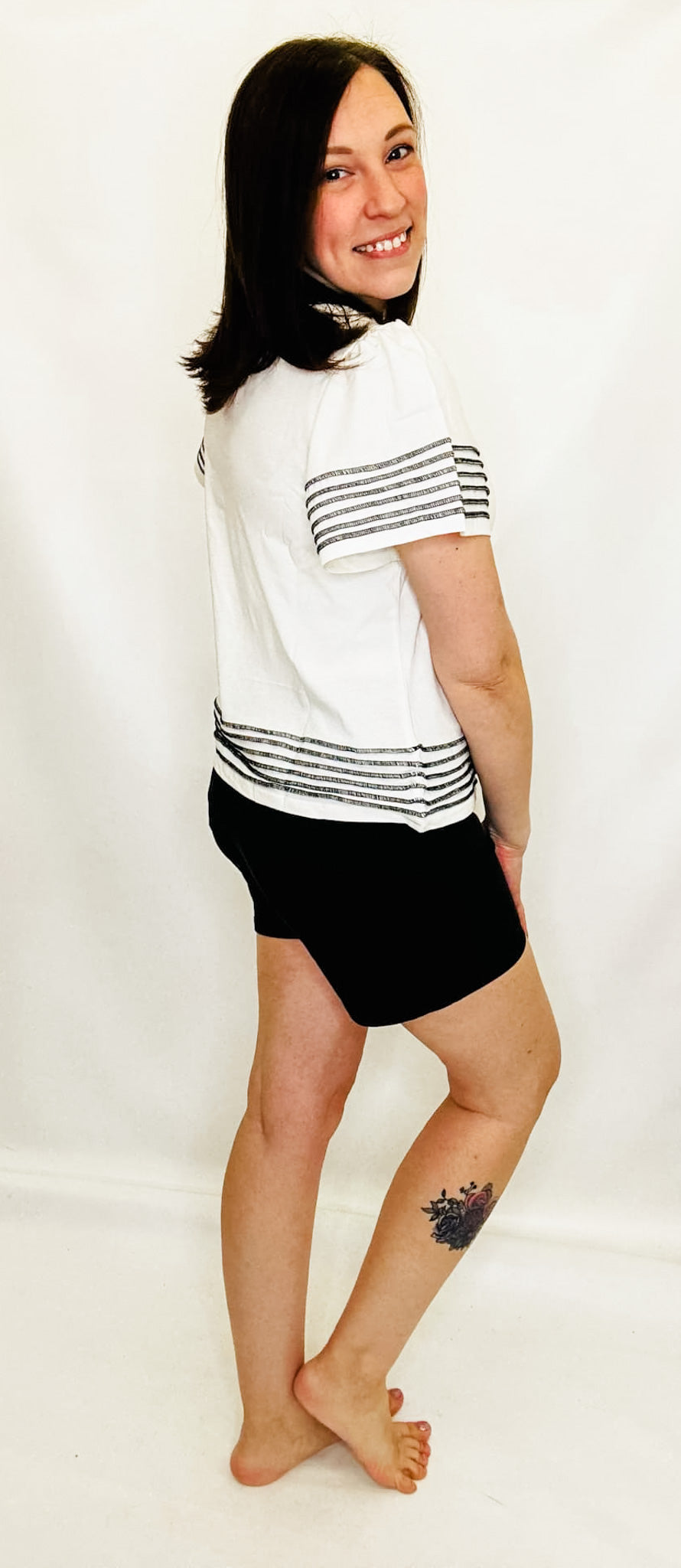 Tribal Ivory Boat Neck Top with Contract Stitching