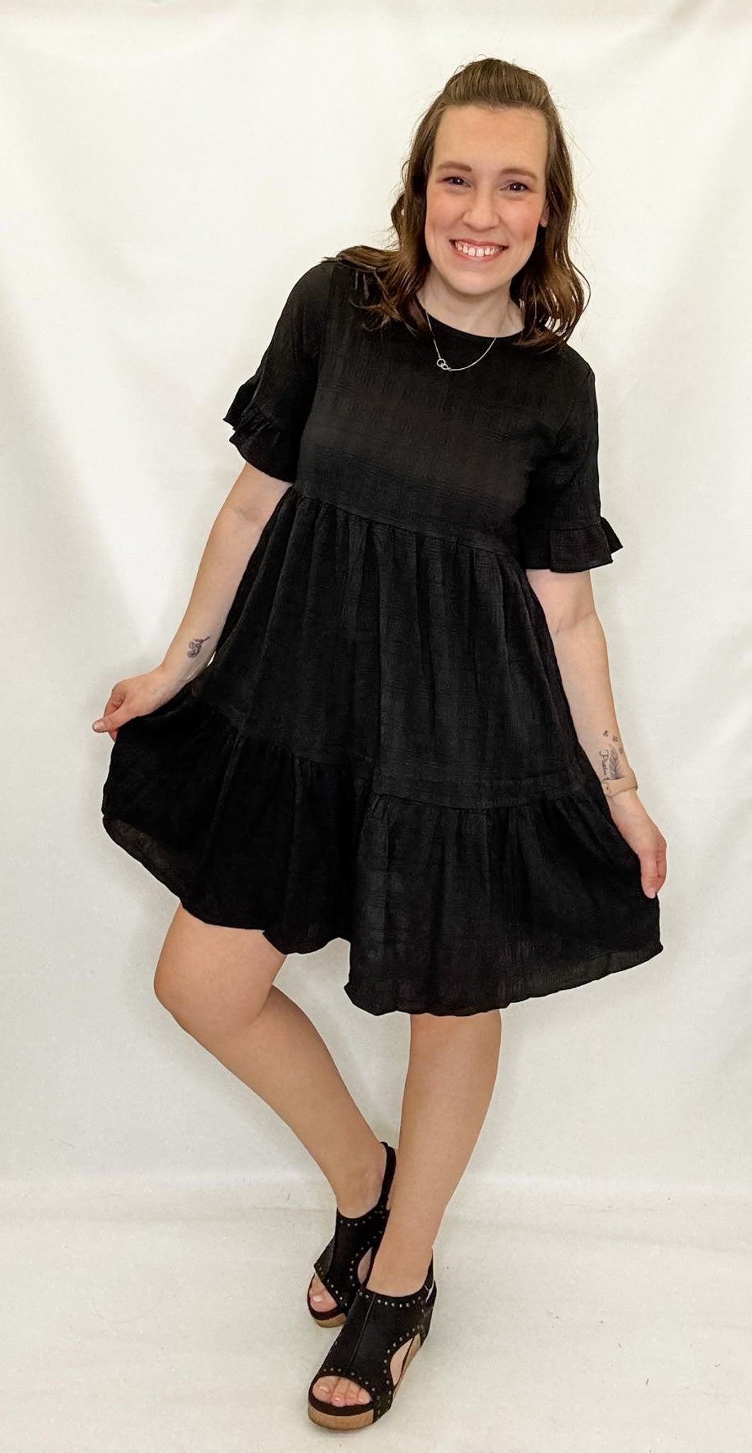 Black Ruffle Sleeve Tiered Dress