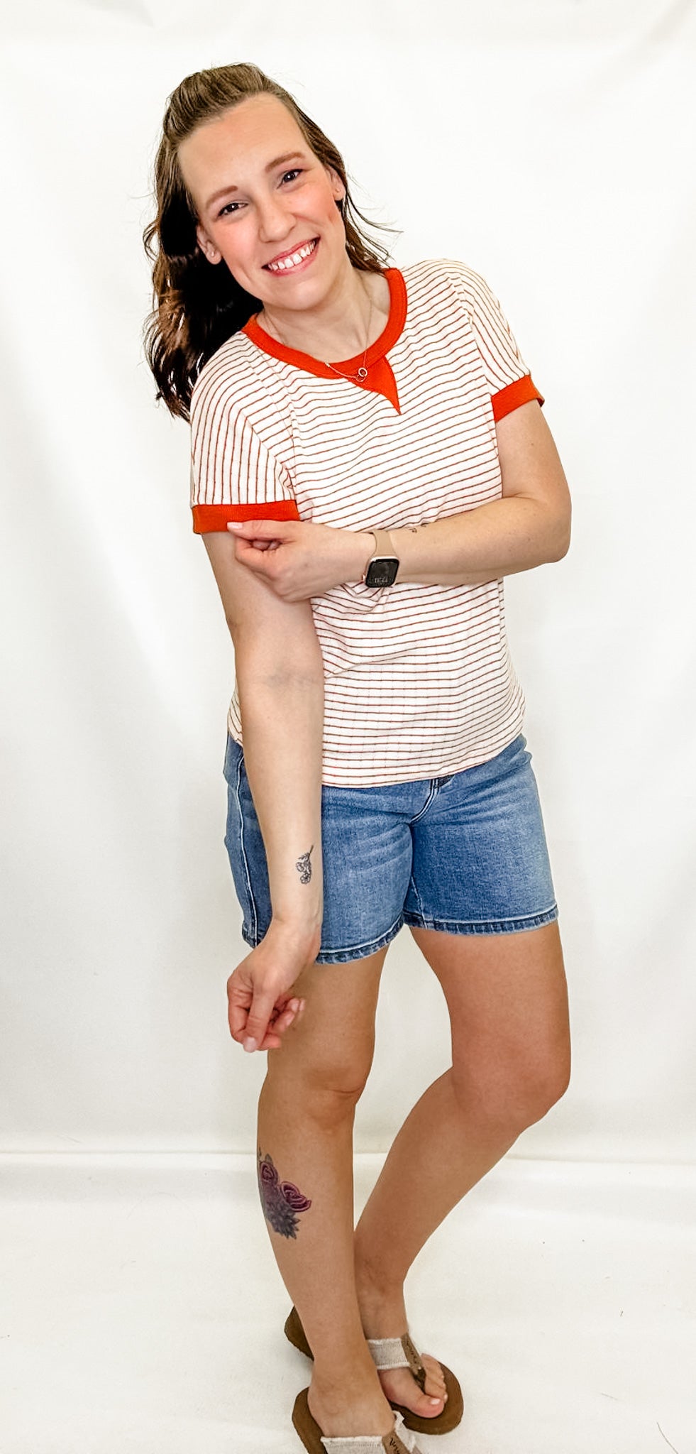 Orange & Ivory Striped Short Sleeve Top