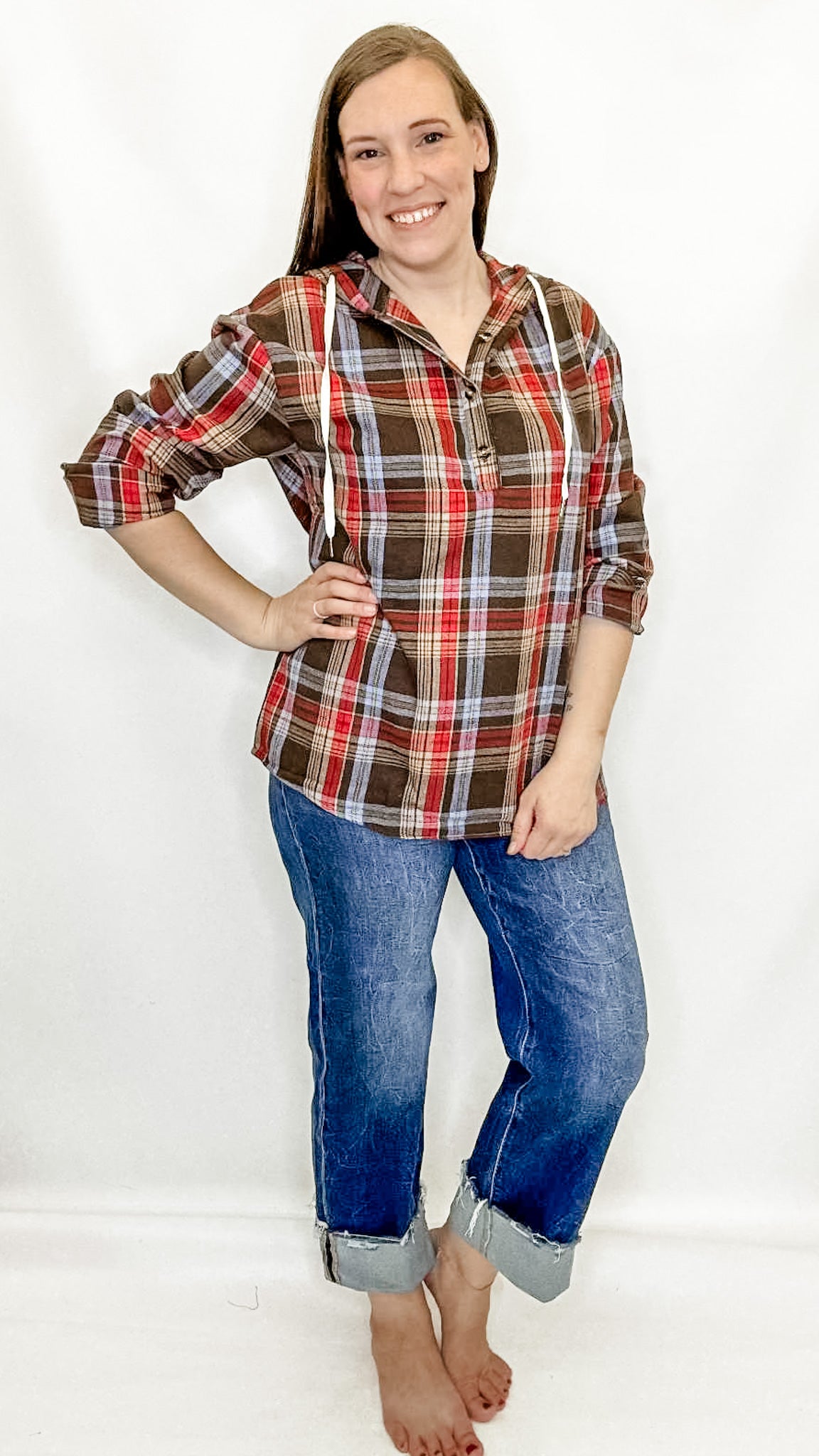 Brown, Red & Blue Plaid Hooded Shirt