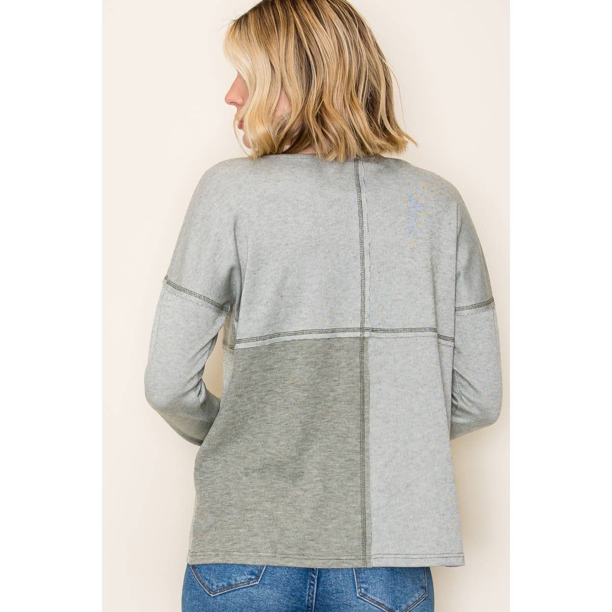 Olive Half Button Color Block Top