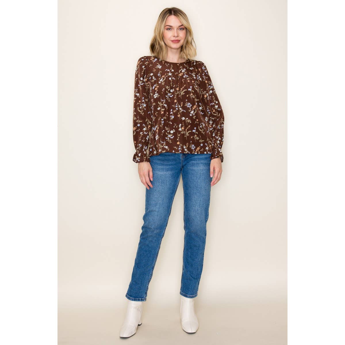 Brown Floral Ruffle Hem Top