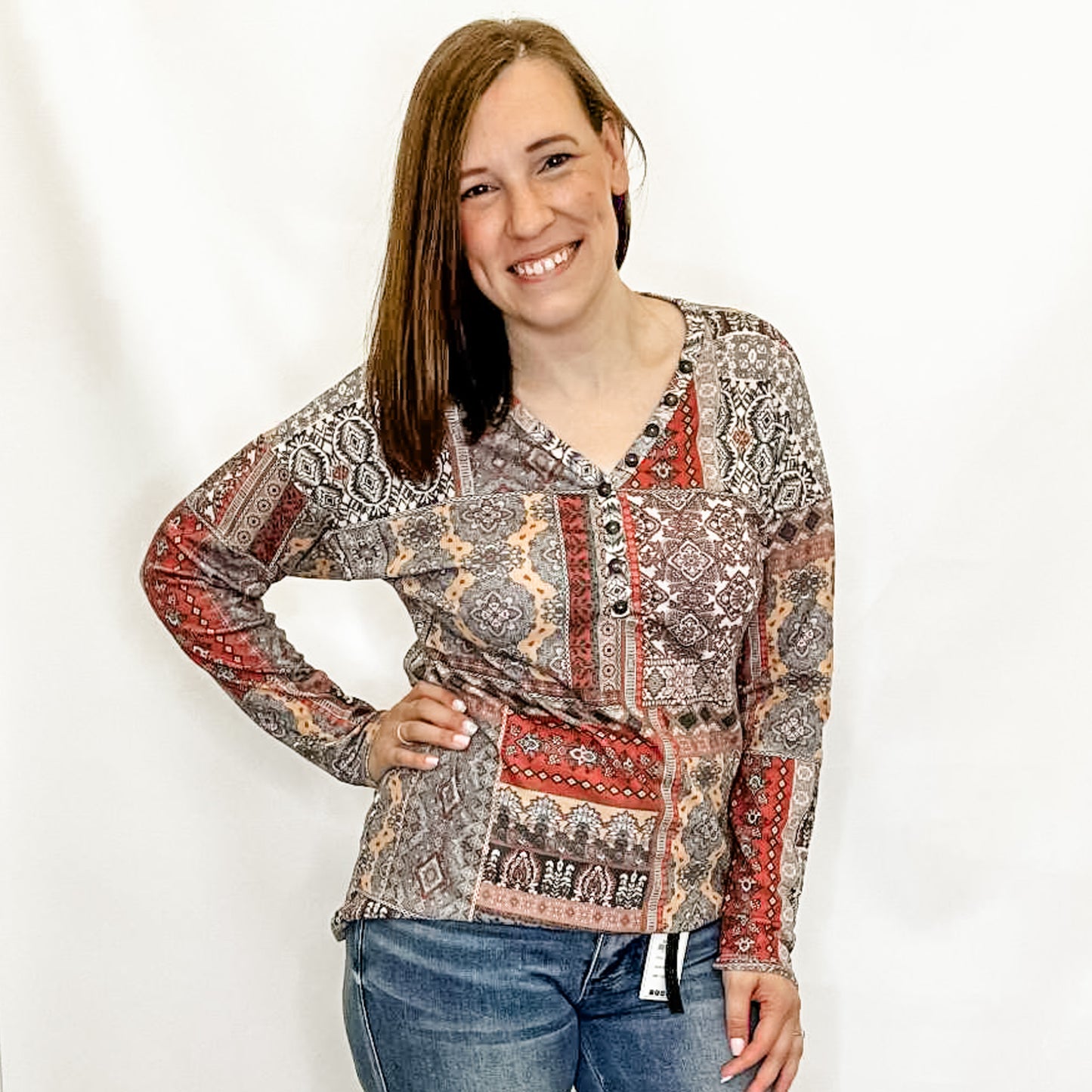 Rust Printed V-Neck Long Sleeve