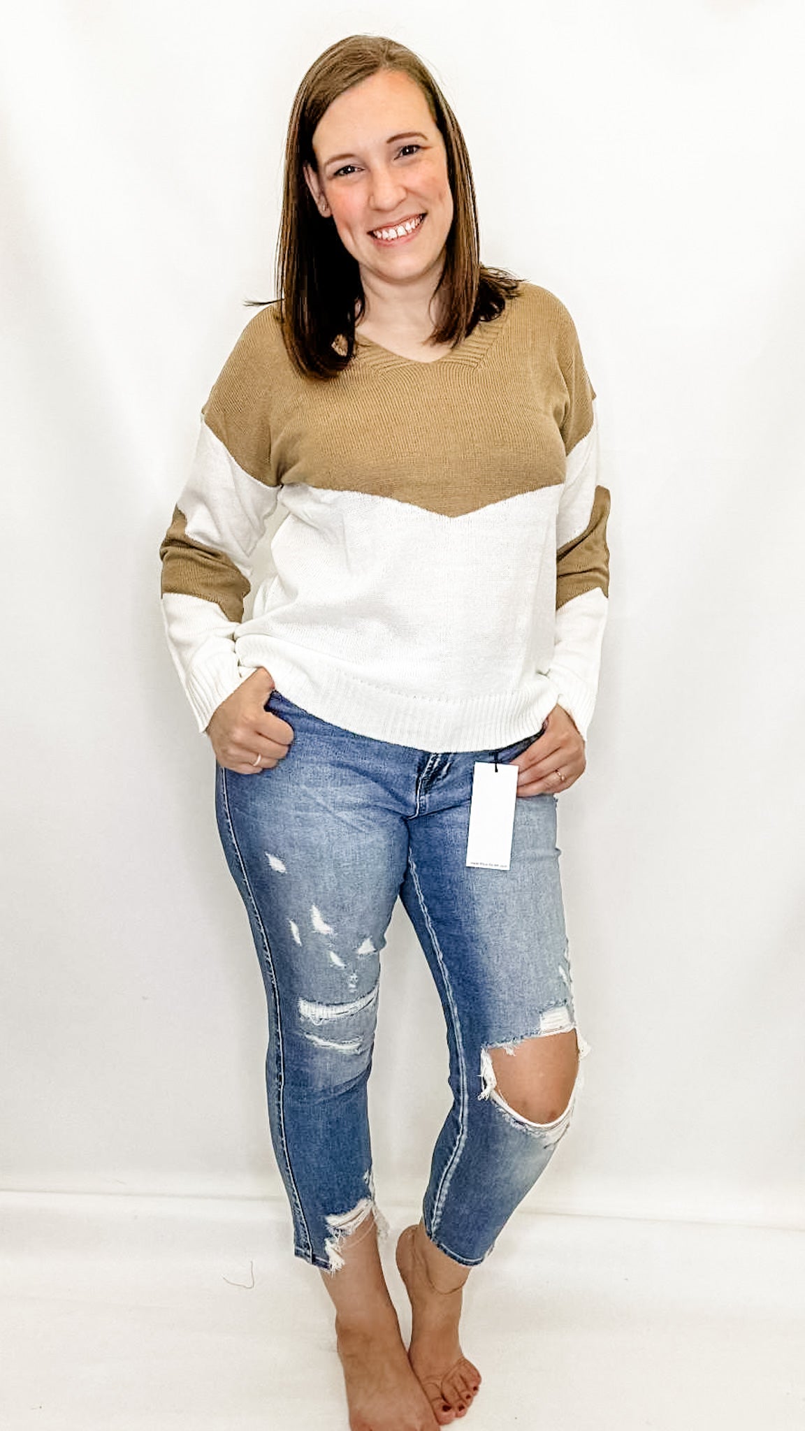 Khaki & Cream V-Neck Sweater