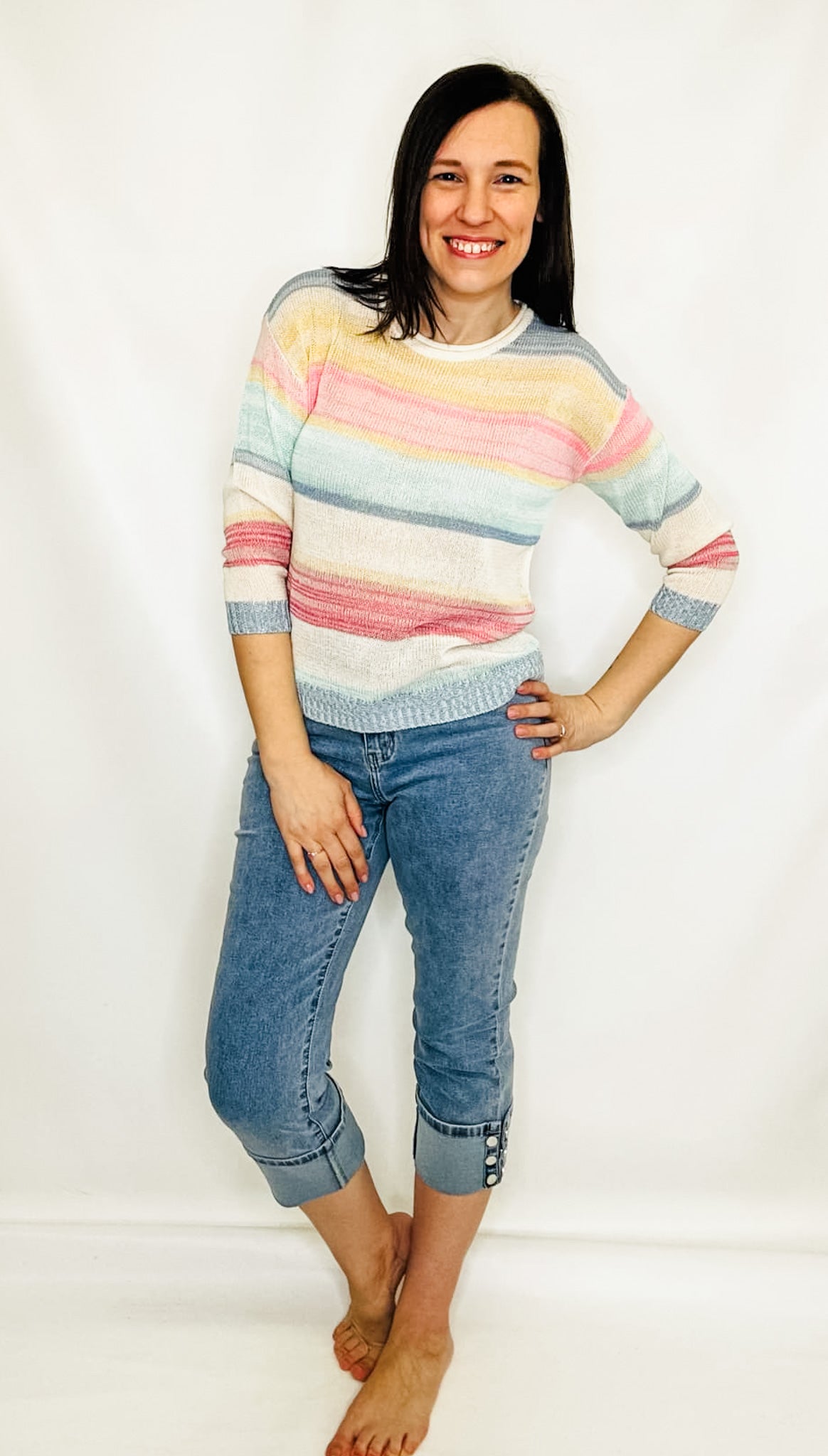 Charlie B Pastel Striped 3/4 Sleeve Sweater