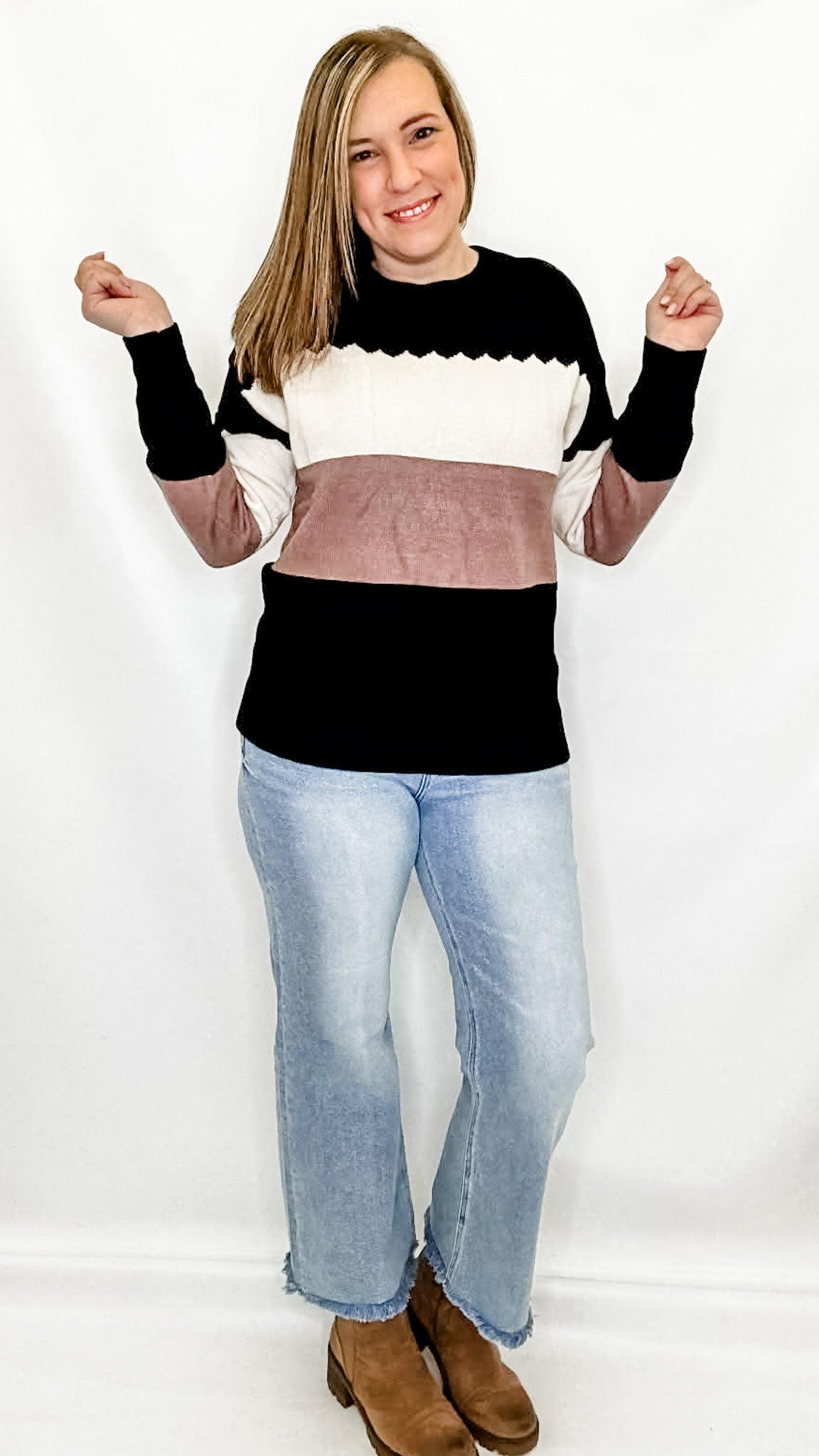Black, Cream, and Brown Color Block Sweater