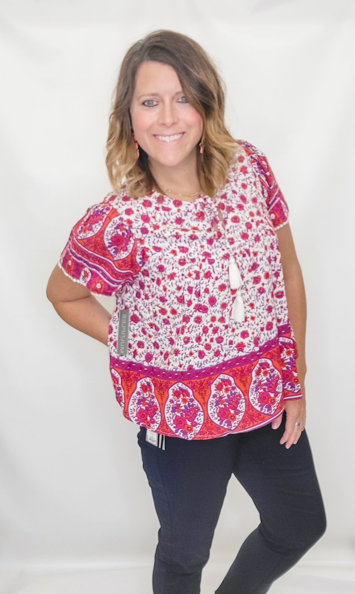 Multiples Beet Floral Flutter Sleeve Top