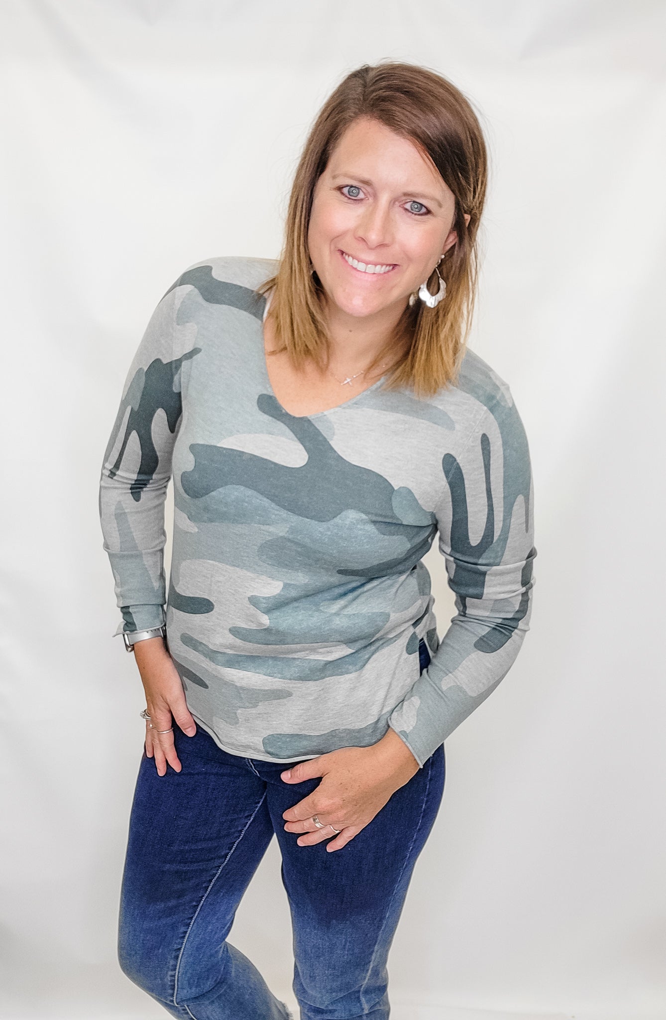 Charlie B Camo Printed V-Neck Sweater