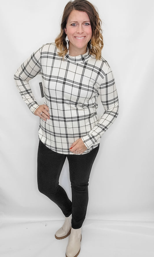 Multiples Black & Cream Plaid Layering Mock Neck
