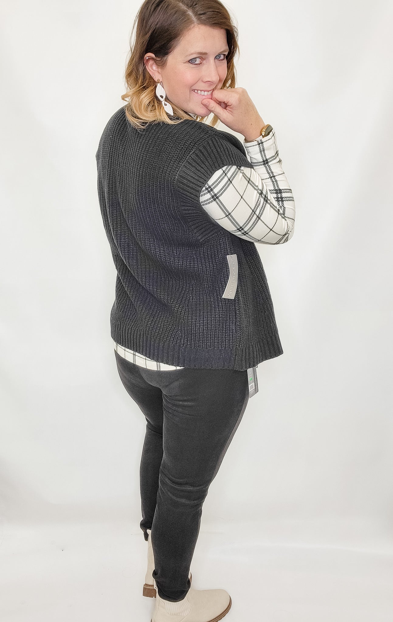 Multiples Black & Cream Plaid Layering Mock Neck