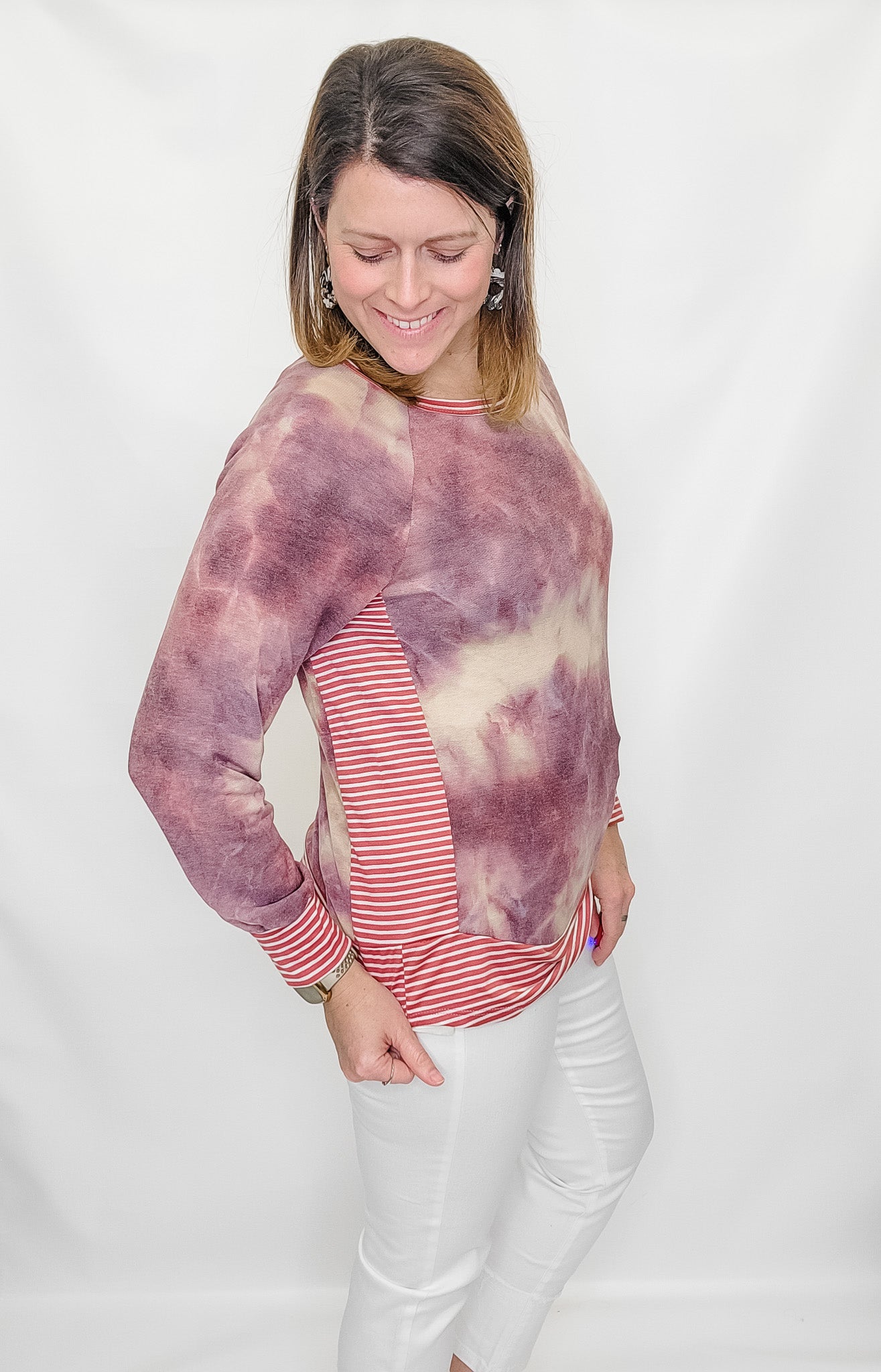 Purple Tie Dye & Stripe French Terry Top