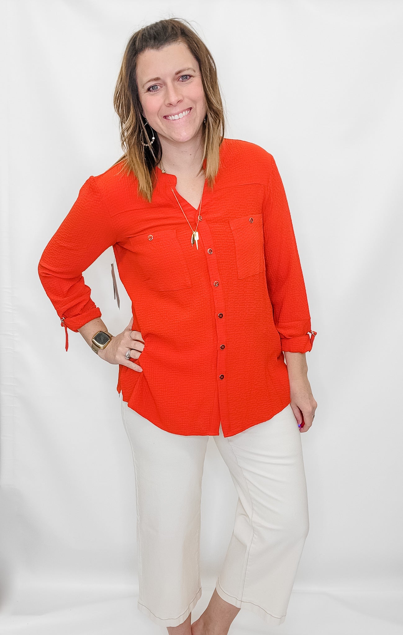 Multiples Poppy Button Up 3/4 Sleeve