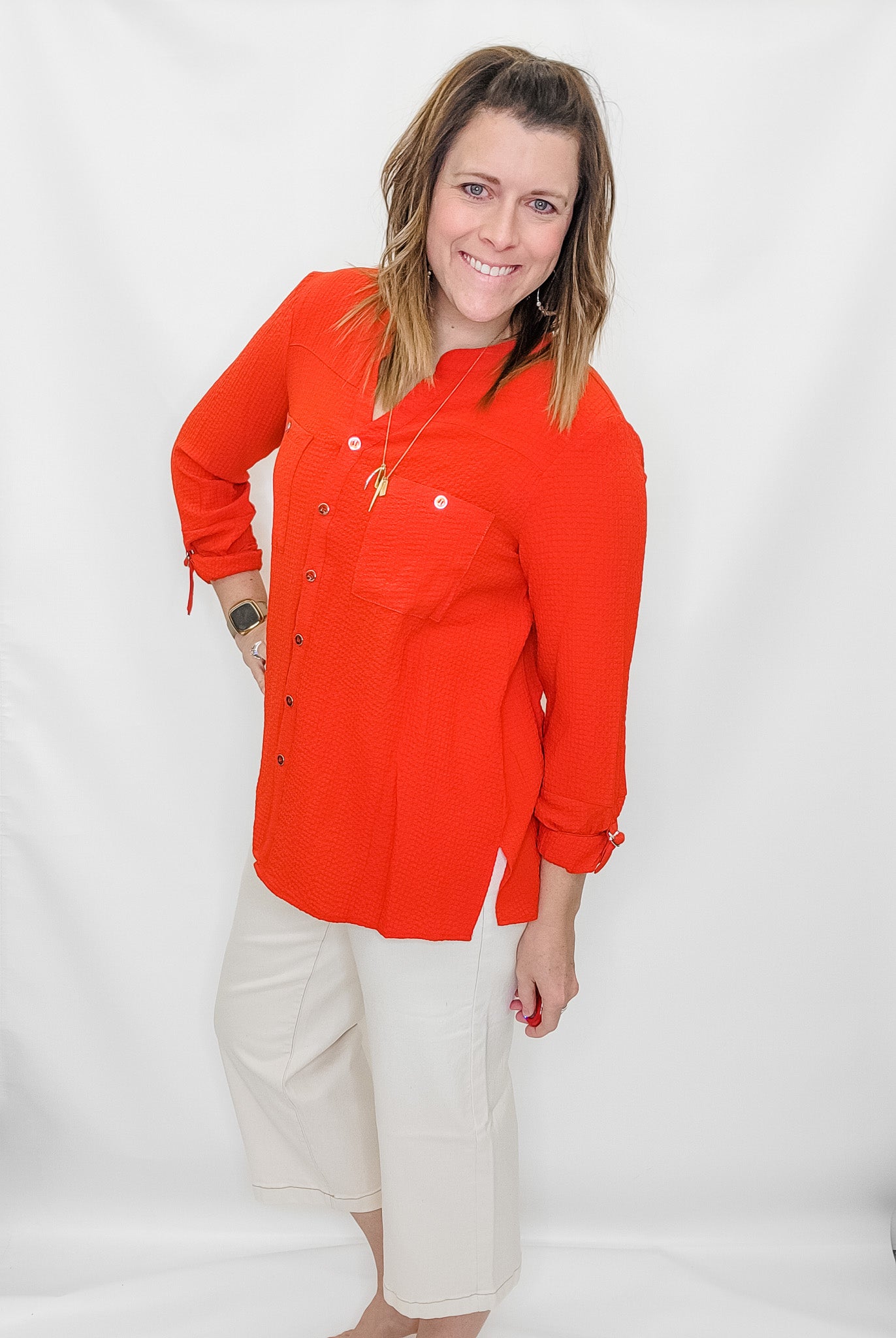 Multiples Poppy Button Up 3/4 Sleeve