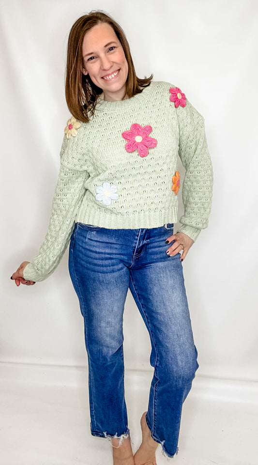 Sage Knit Sweater w/Flower Applique