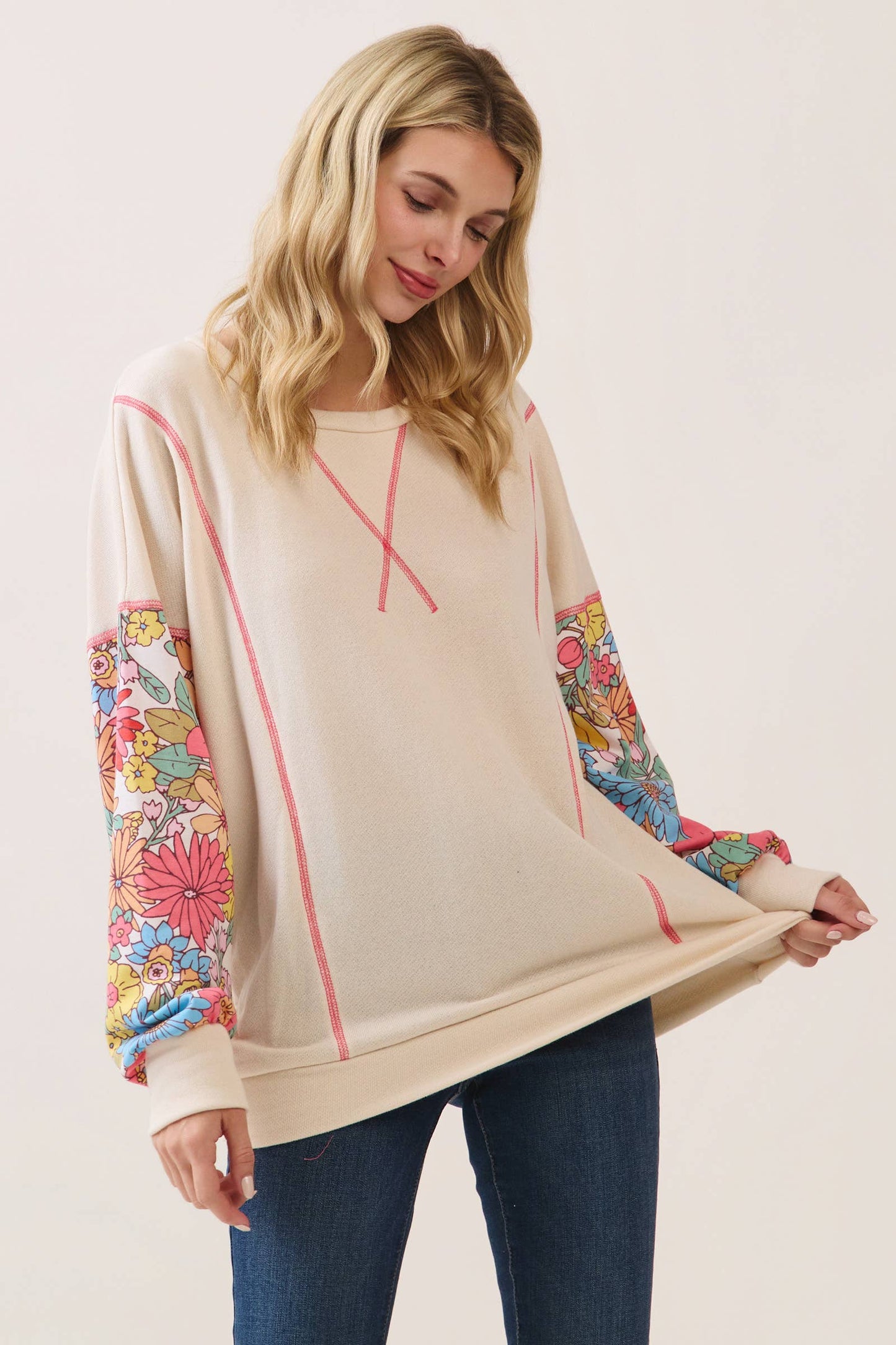 Cream & Bright Floral Contrast Sleeve Pullover Top