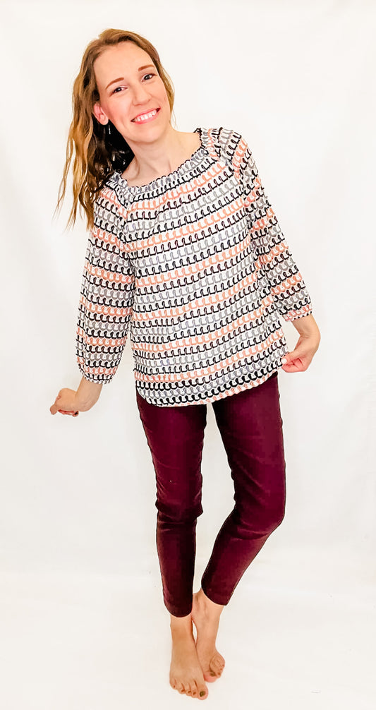 Multiples Eggplant Knit Elastic Neck Peasant Top