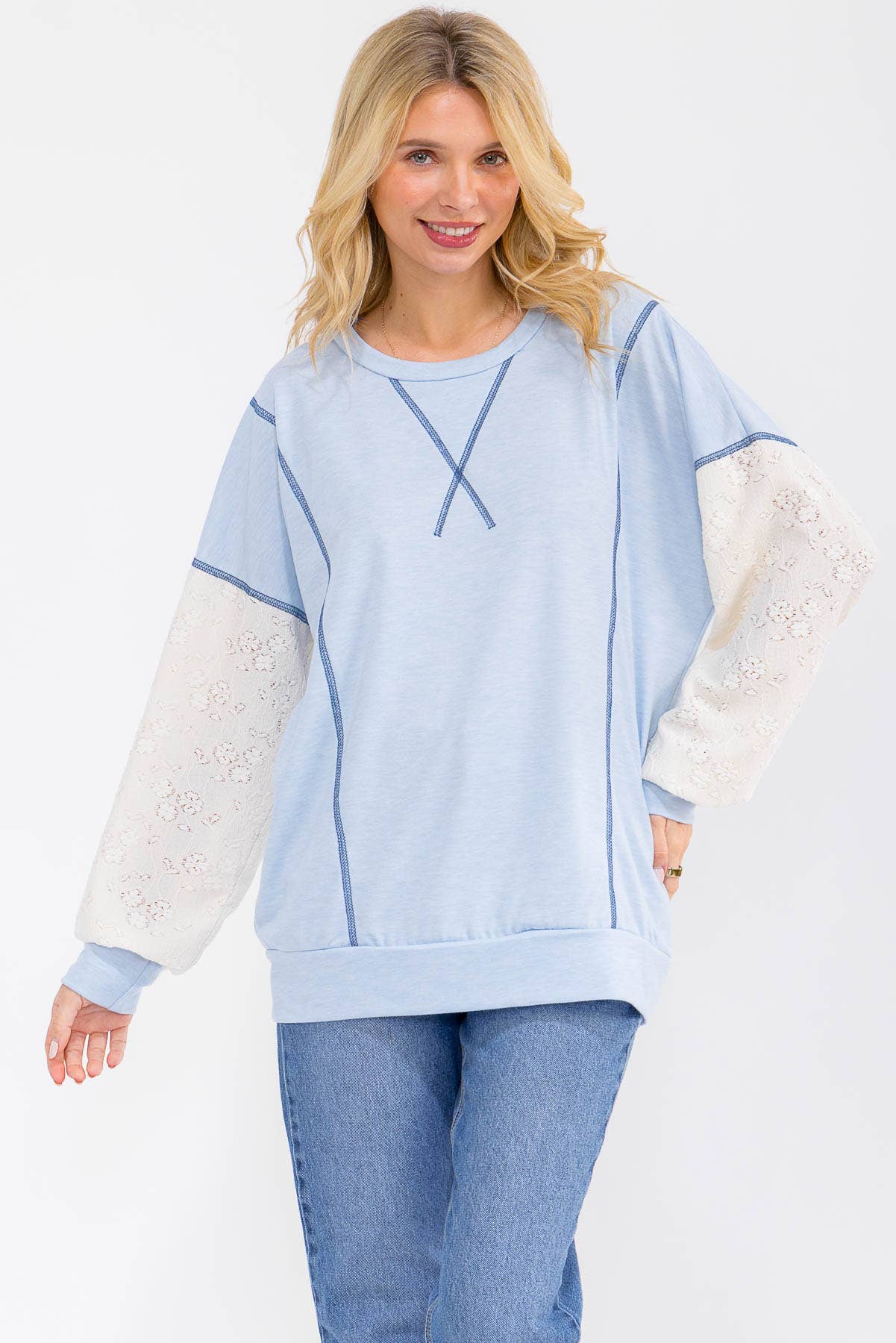Light Blue Contrast Lace Sleeve Pullover Top